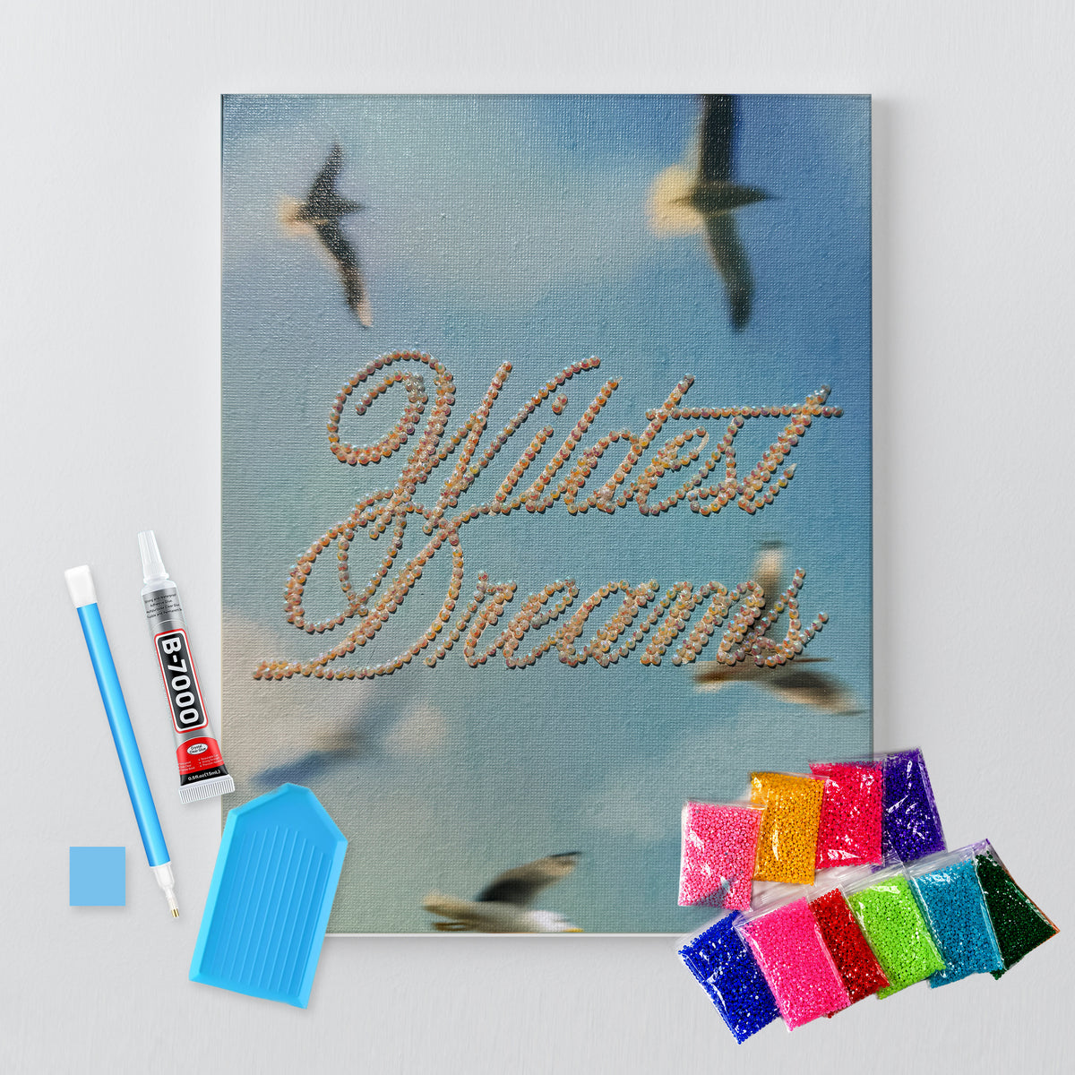 Wildest Dreams bedazzle canvas kit shown in a styled room