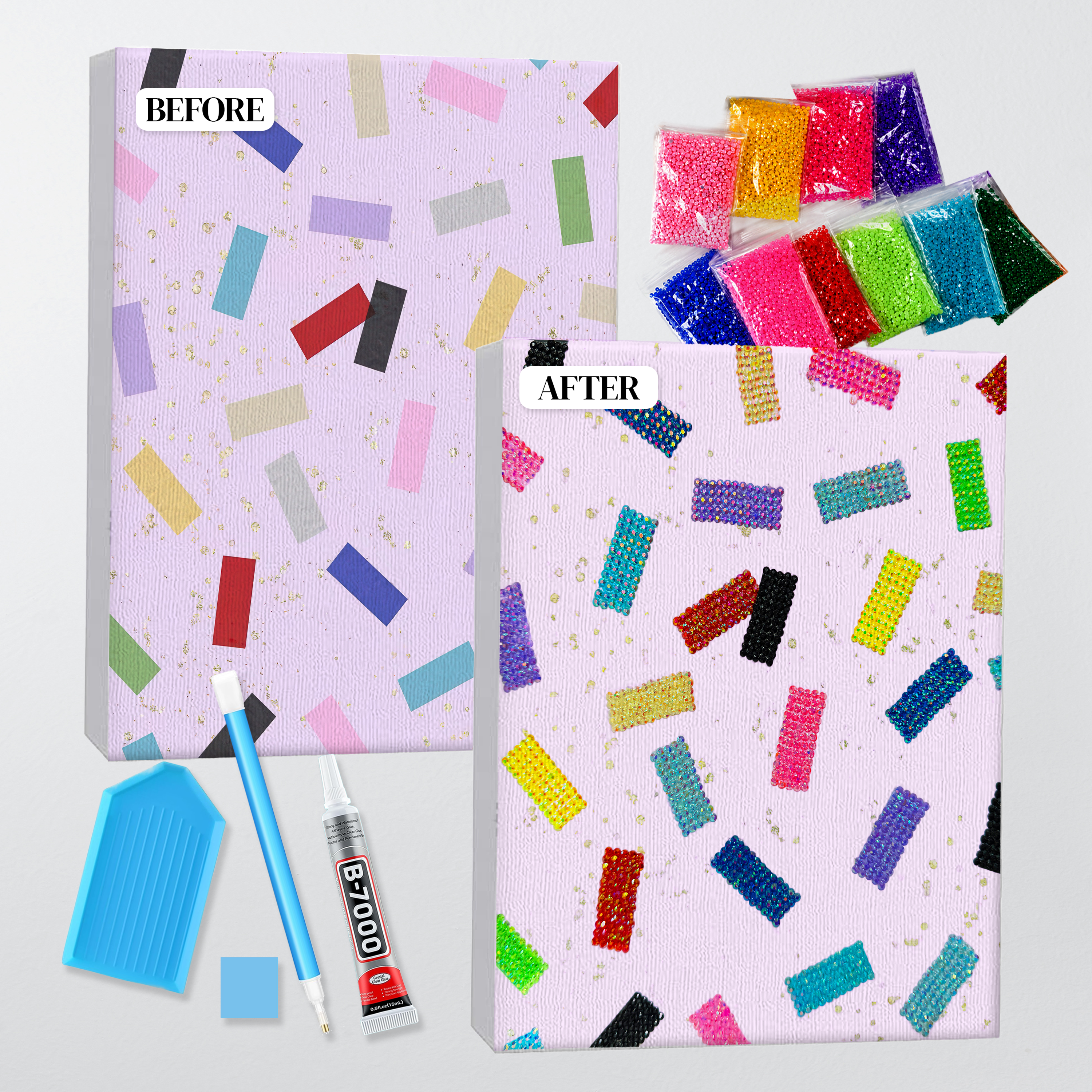 Before and after of the Eras Tour confetti bedazzle kit, printed canvas beside the finished rhinestone piece
