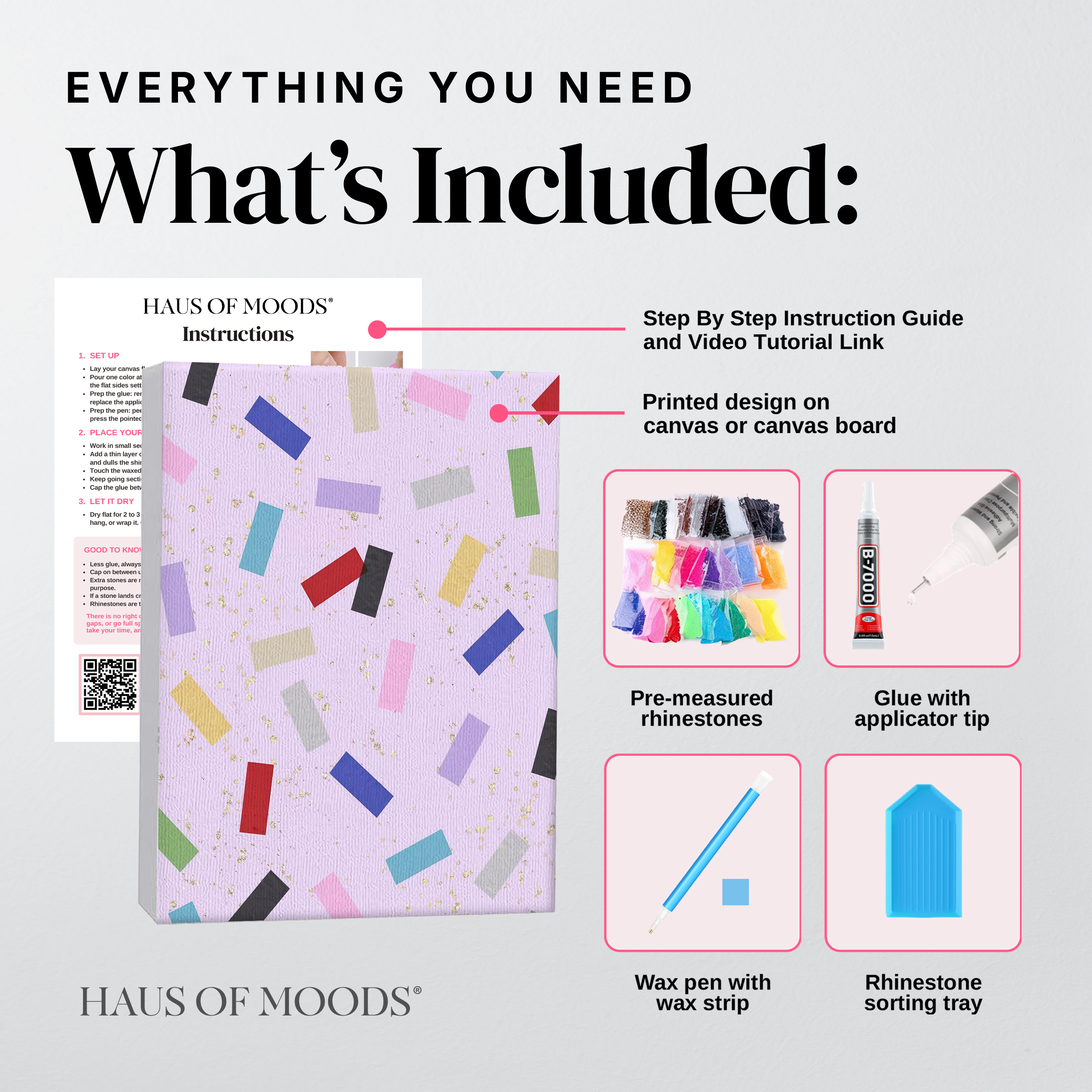 Everything included in the Eras Tour confetti DIY bedazzle kit: printed canvas, pre-sorted rhinestones, B-7000 glue, wax pen and sorting tray