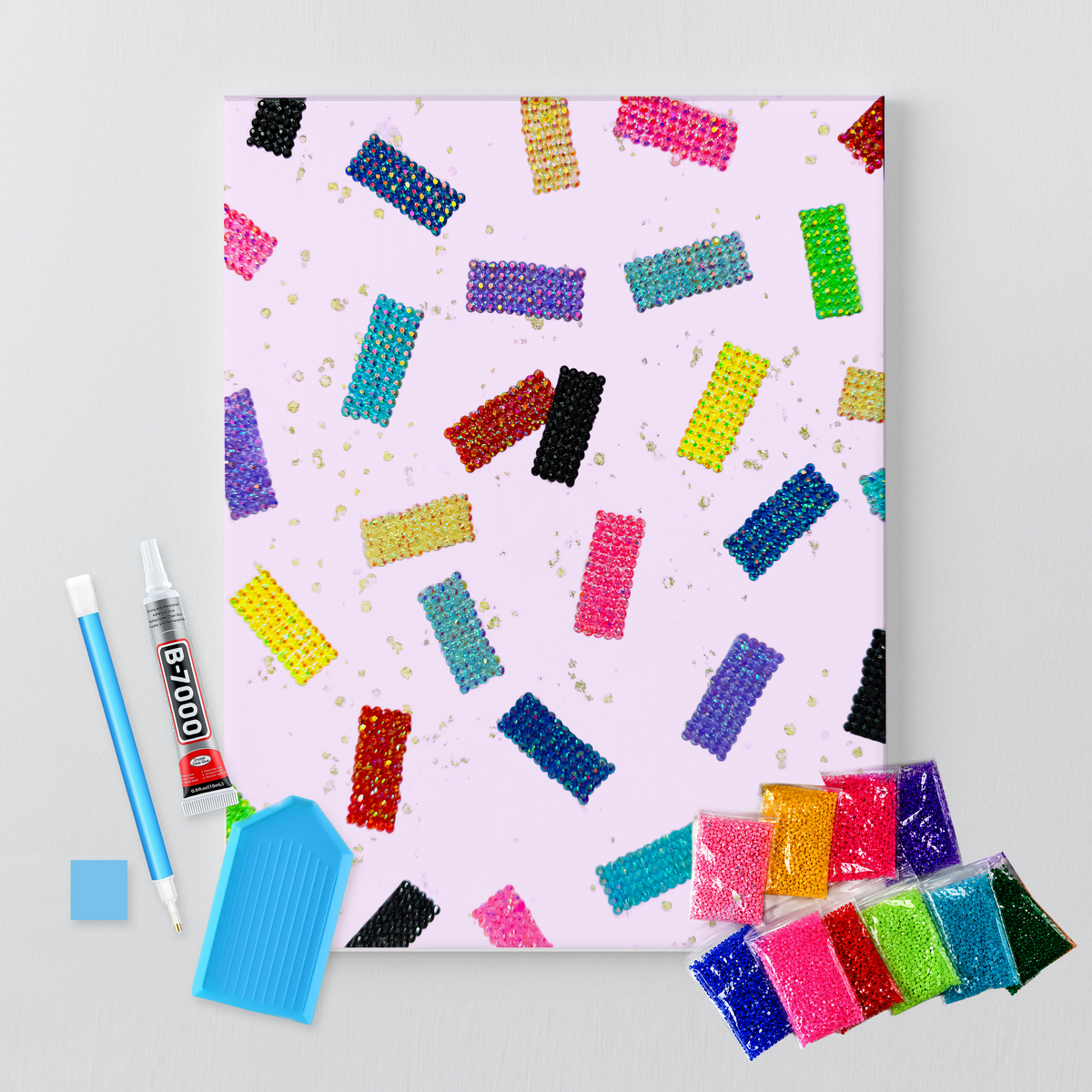 Eras Tour confetti DIY rhinestone canvas kit, finished multicolor design on a blush background