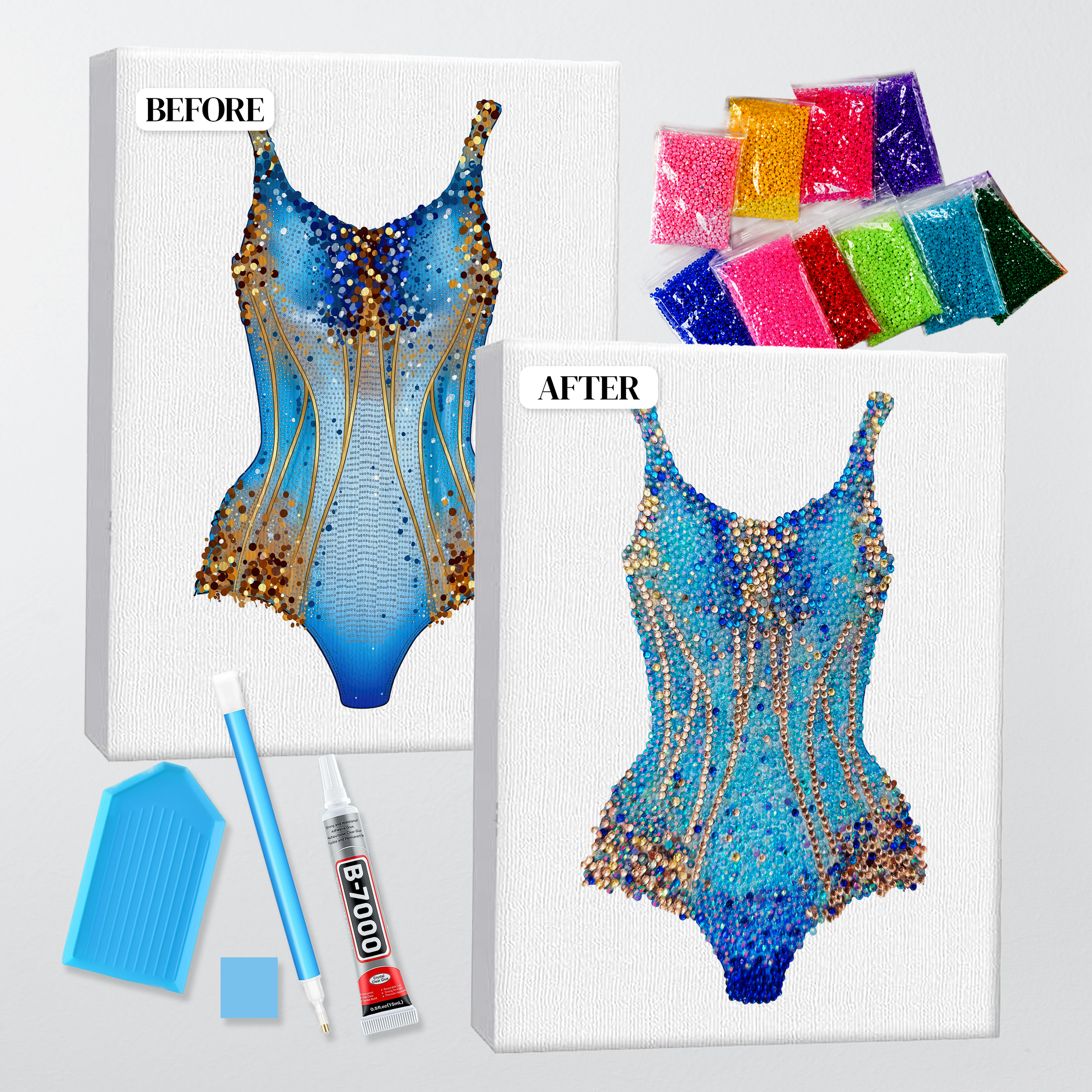 Before and after of the Lover blue and gold bodysuit bedazzle kit, printed canvas beside the finished rhinestone piece