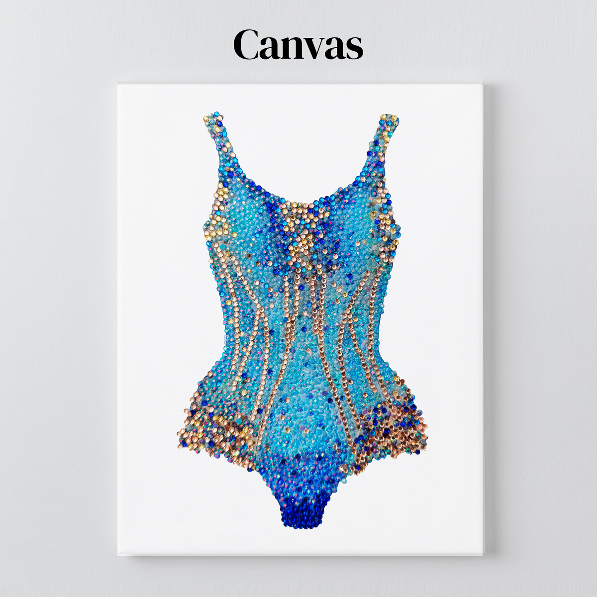 Lover blue and gold bodysuit rhinestone art on a stretched canvas with a 5/8 inch pine frame