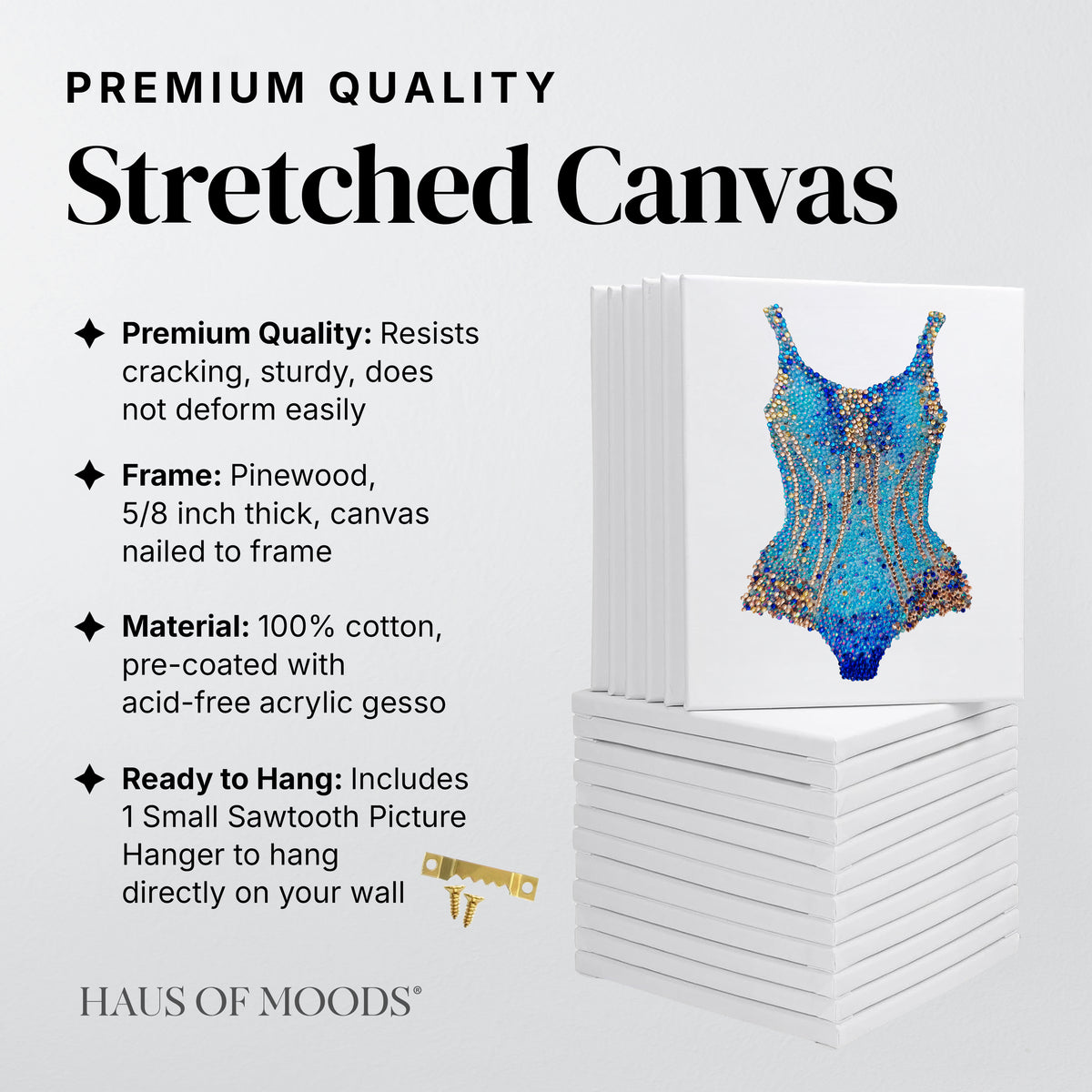 Lover blue and gold bodysuit stretched canvas rhinestone kit, angled view