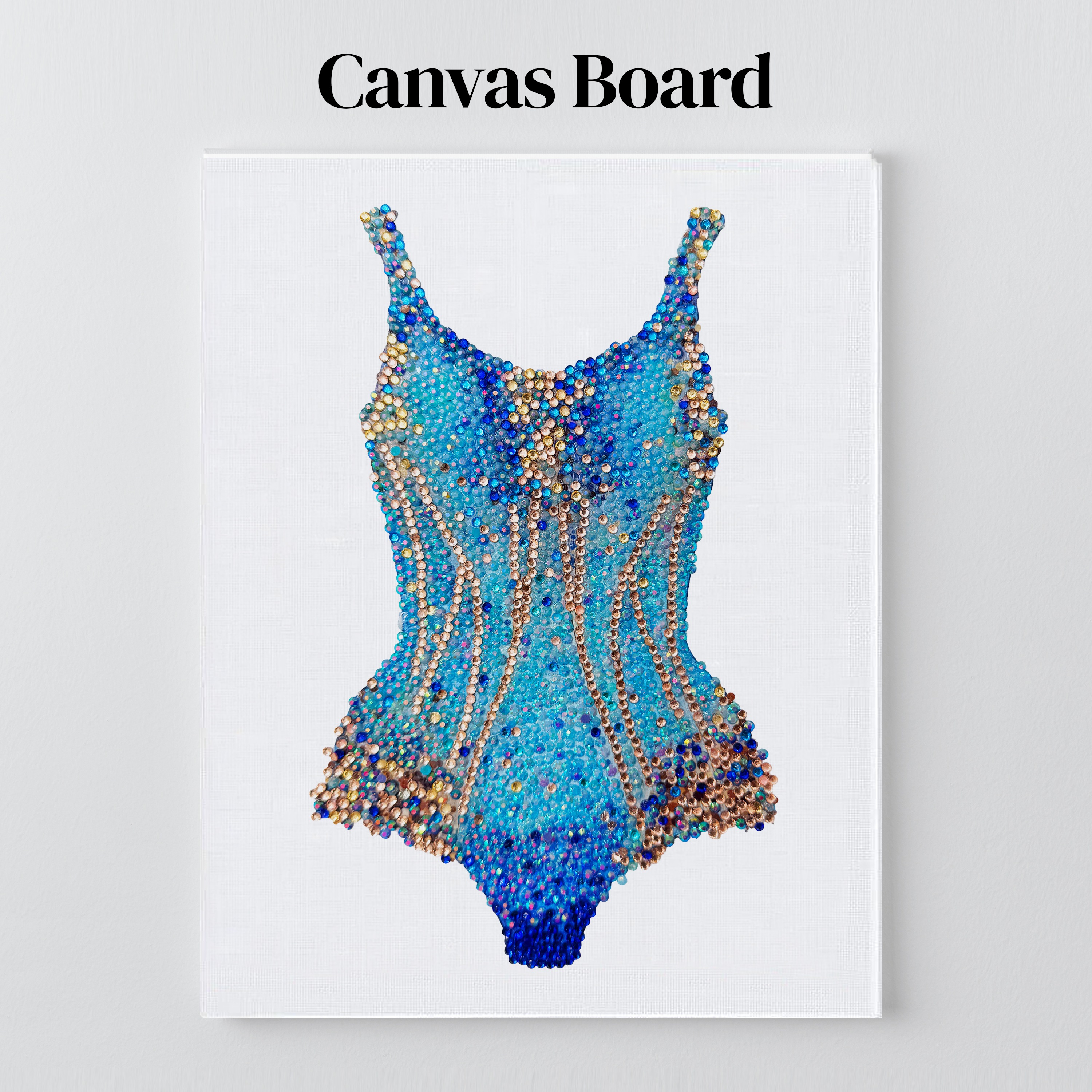 Lover blue and gold bodysuit rhinestone art on a flat canvas board, ready to frame