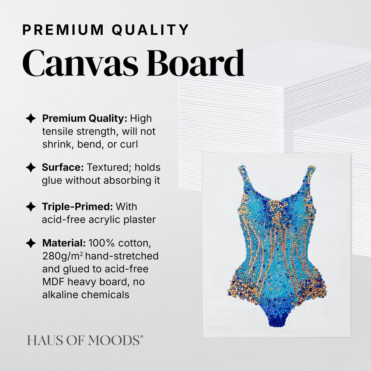 Lover blue and gold bodysuit canvas board rhinestone kit, angled view