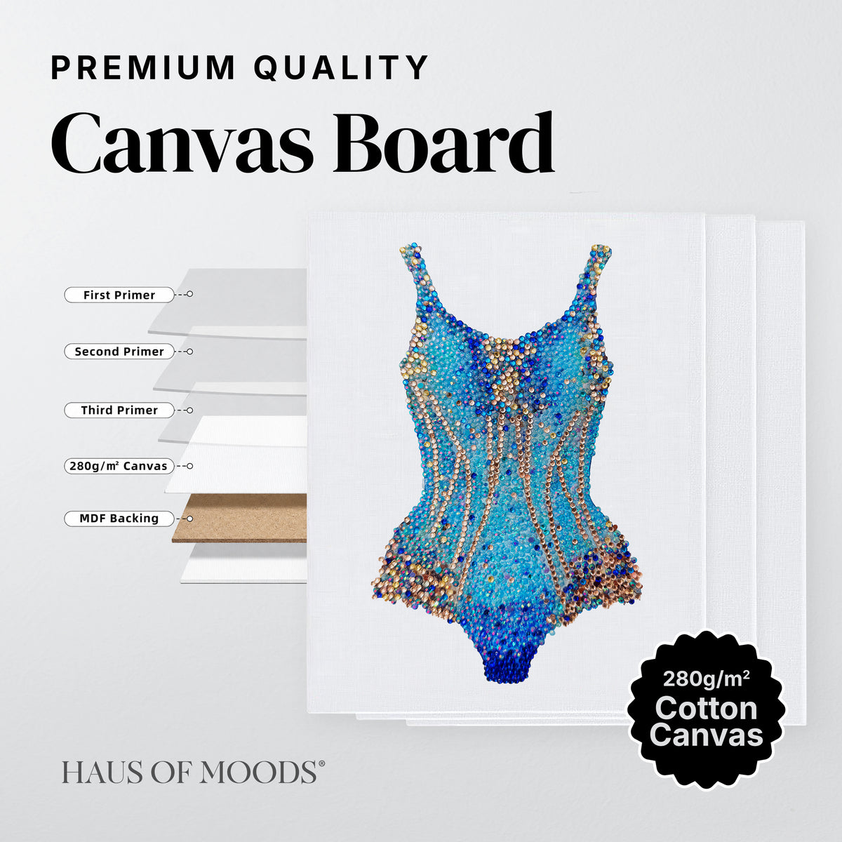 Lover blue and gold bodysuit canvas board rhinestone kit, close detail