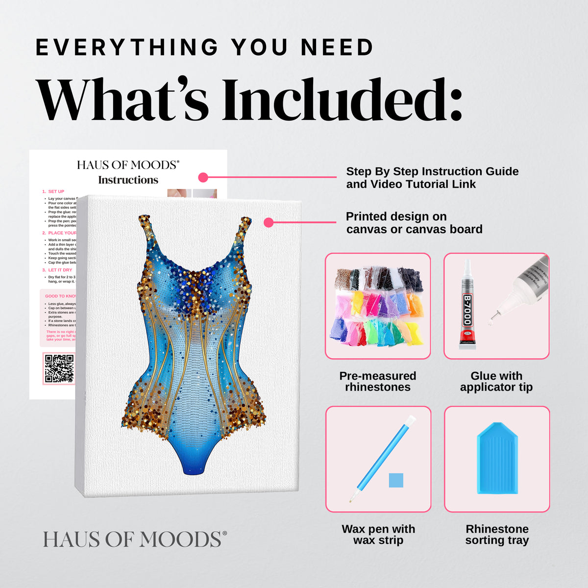 Everything included in the Lover blue and gold bodysuit DIY bedazzle kit: printed canvas, pre-sorted rhinestones, B-7000 glue, wax pen and sorting tray
