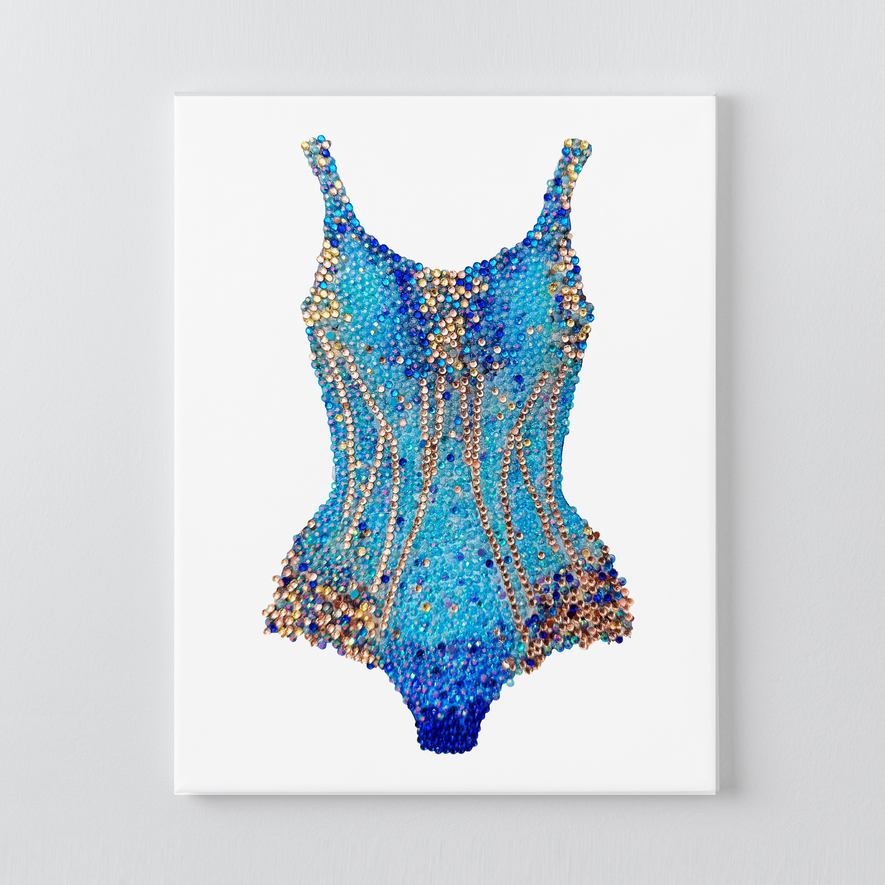 Lover blue and gold bodysuit DIY rhinestone canvas kit, finished aqua and champagne design