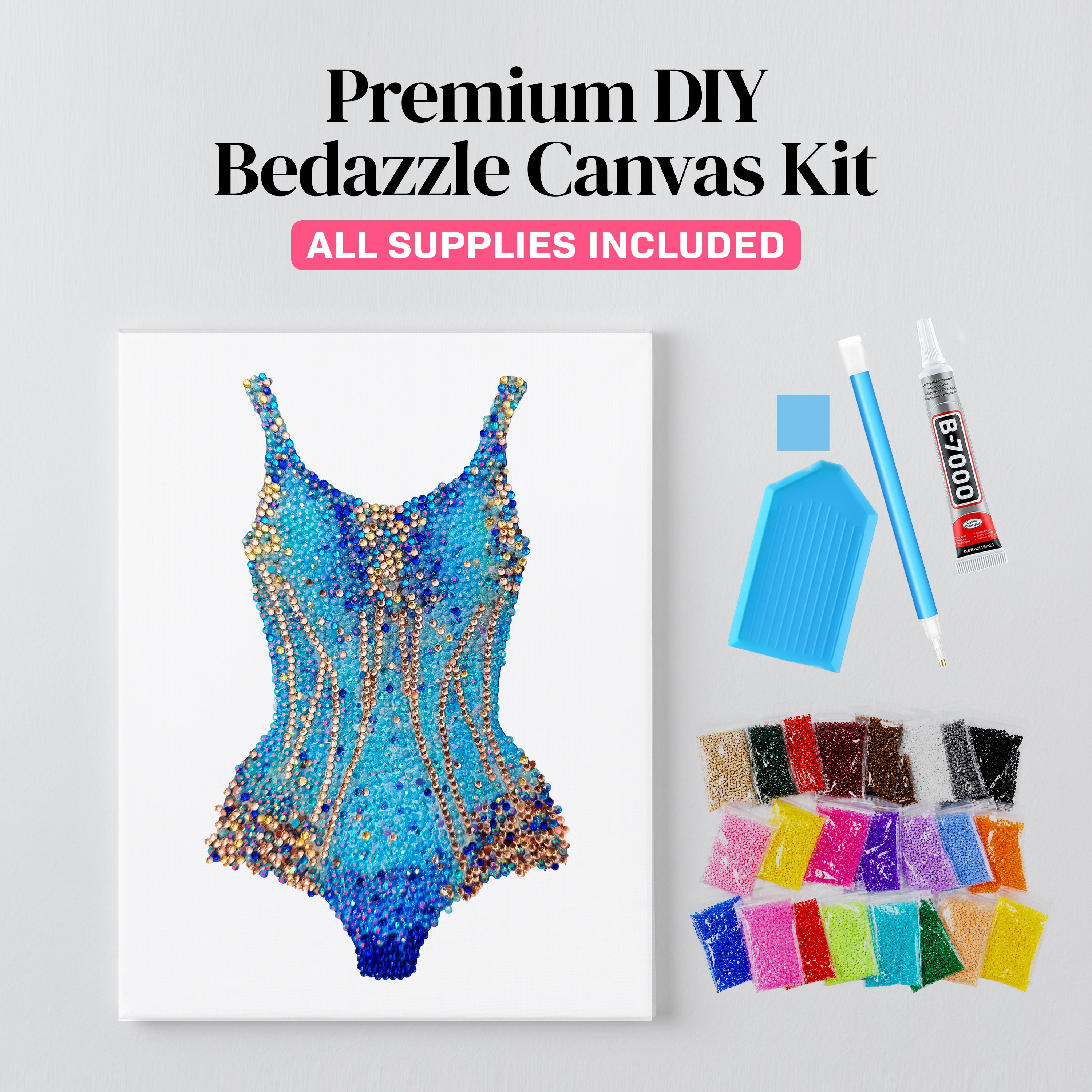 Lover blue and gold bodysuit rhinestone canvas kit styled on a wall