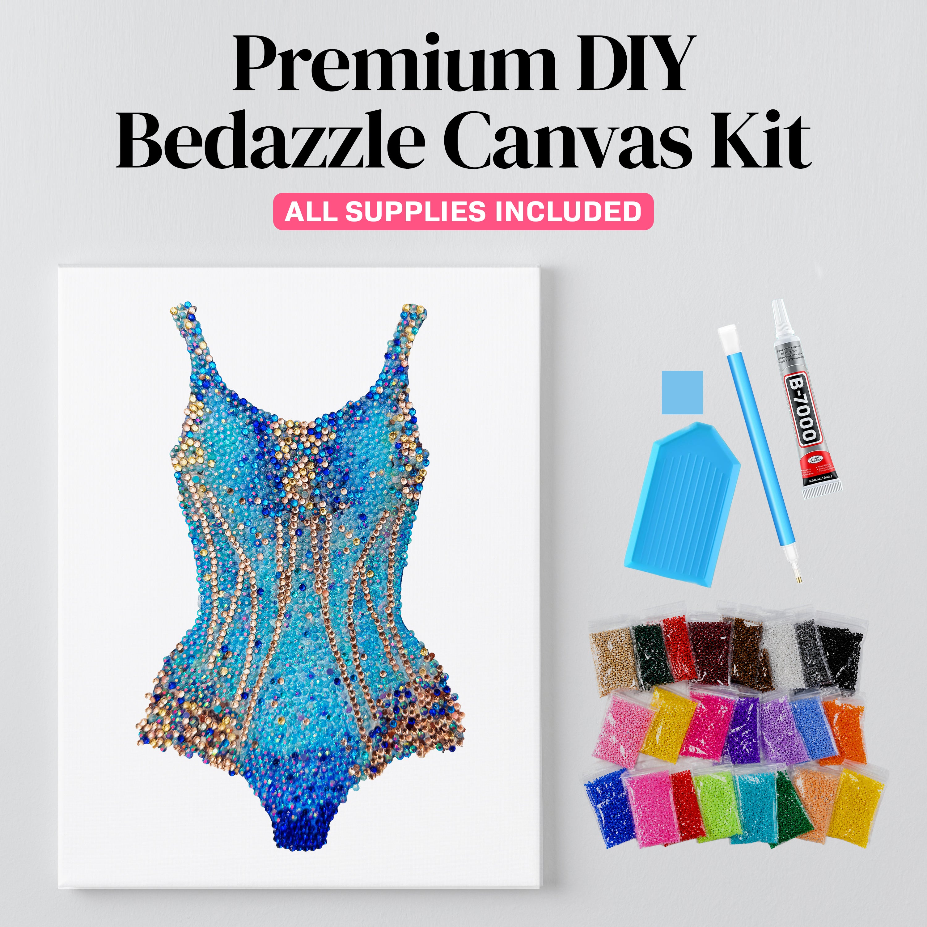 Lover blue and gold bodysuit rhinestone canvas kit, angled view