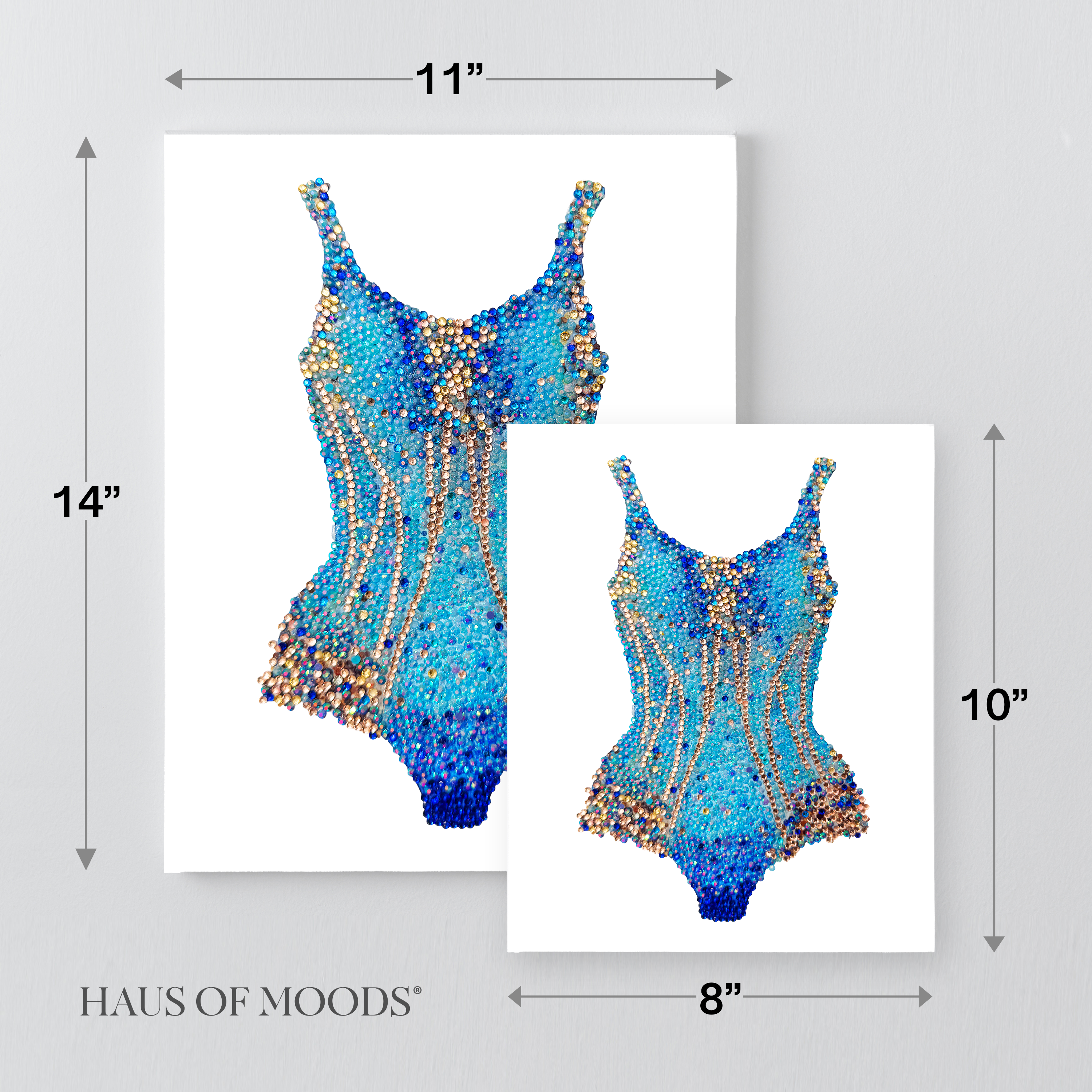 Lover blue and gold bodysuit bedazzle canvas kit size comparison, 8x10 and 11x14