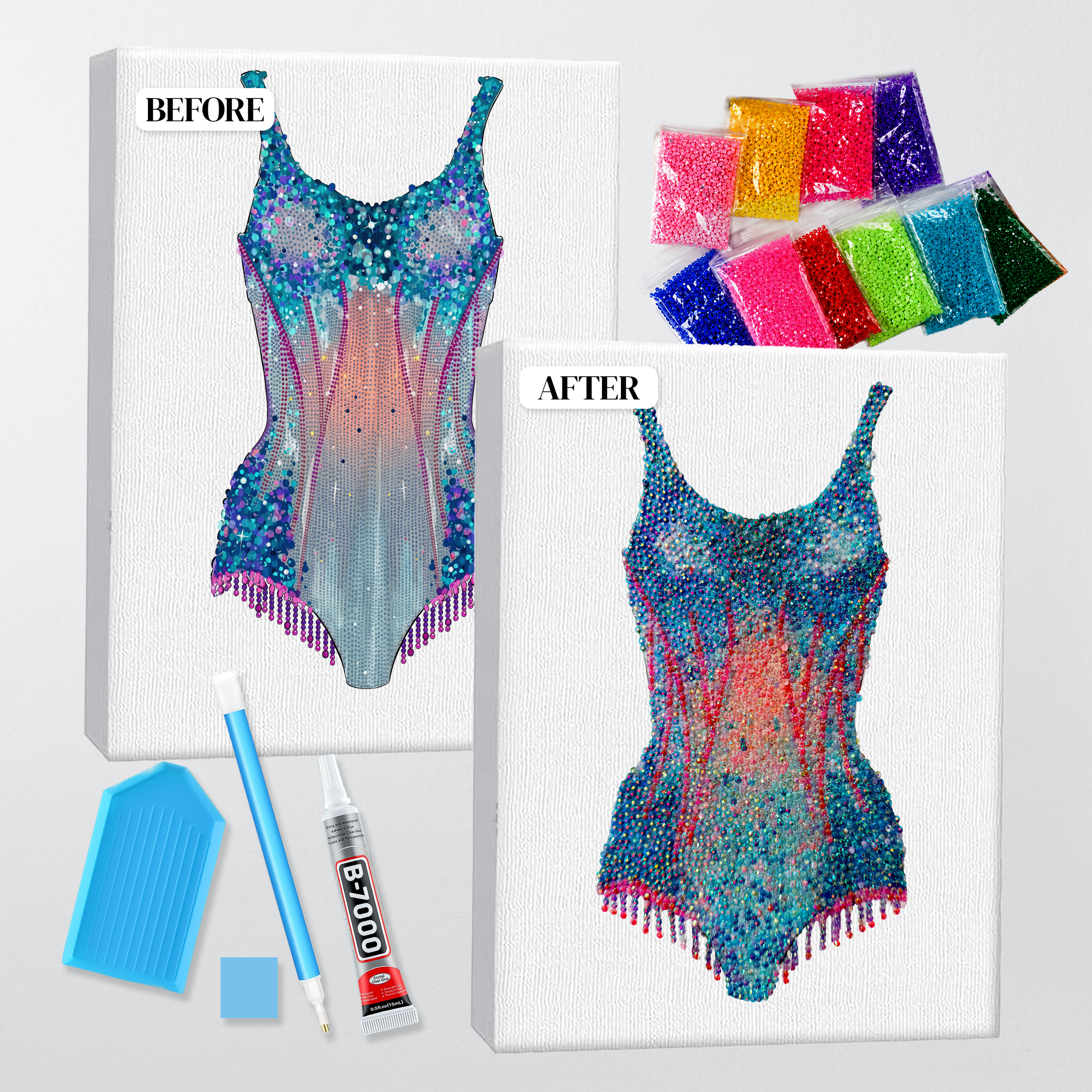 Before and after of the Lover pink and blue bodysuit bedazzle kit, printed canvas beside the finished rhinestone piece