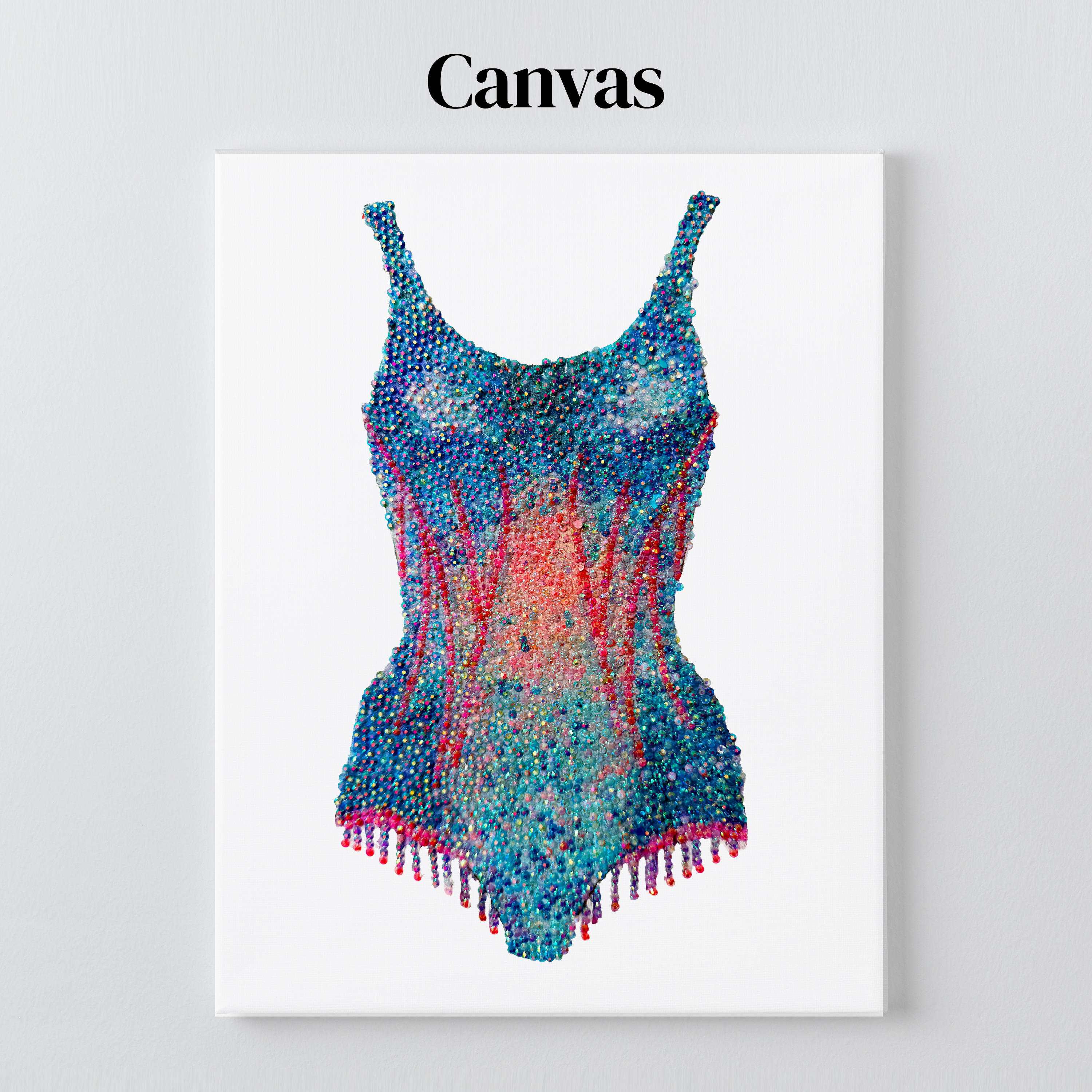 Lover pink and blue bodysuit rhinestone art on a stretched canvas with a 5/8 inch pine frame