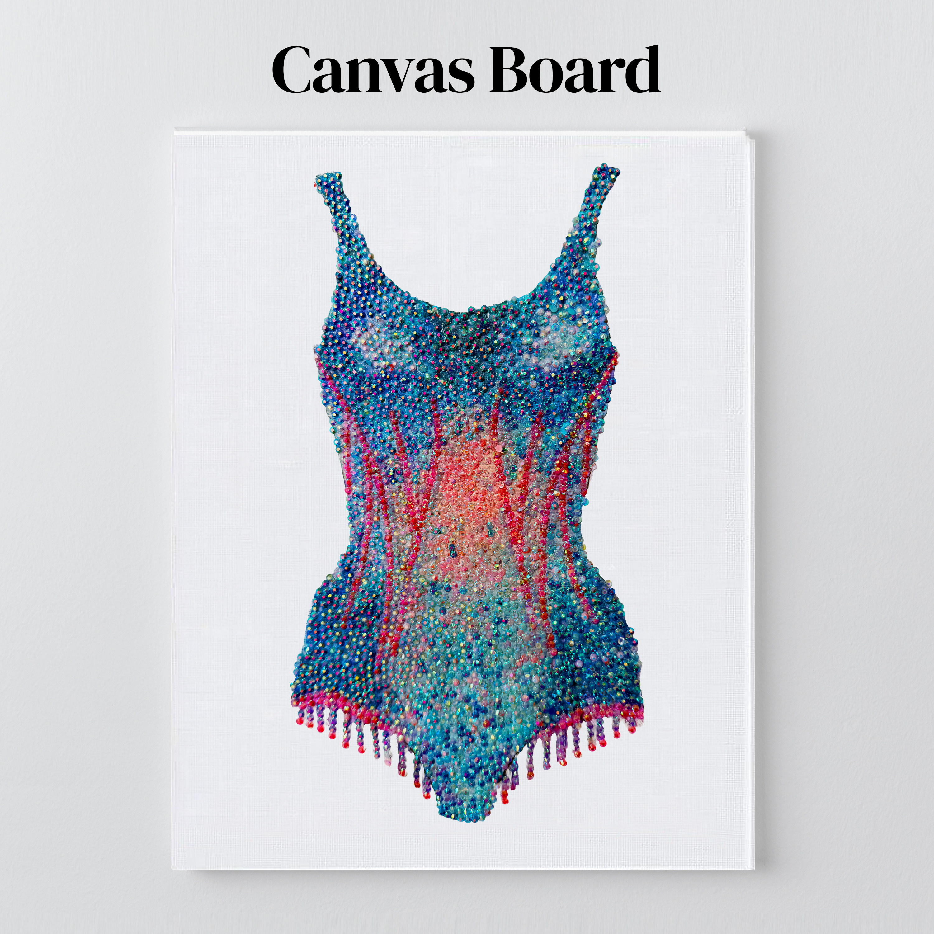 Lover pink and blue bodysuit rhinestone art on a flat canvas board, ready to frame