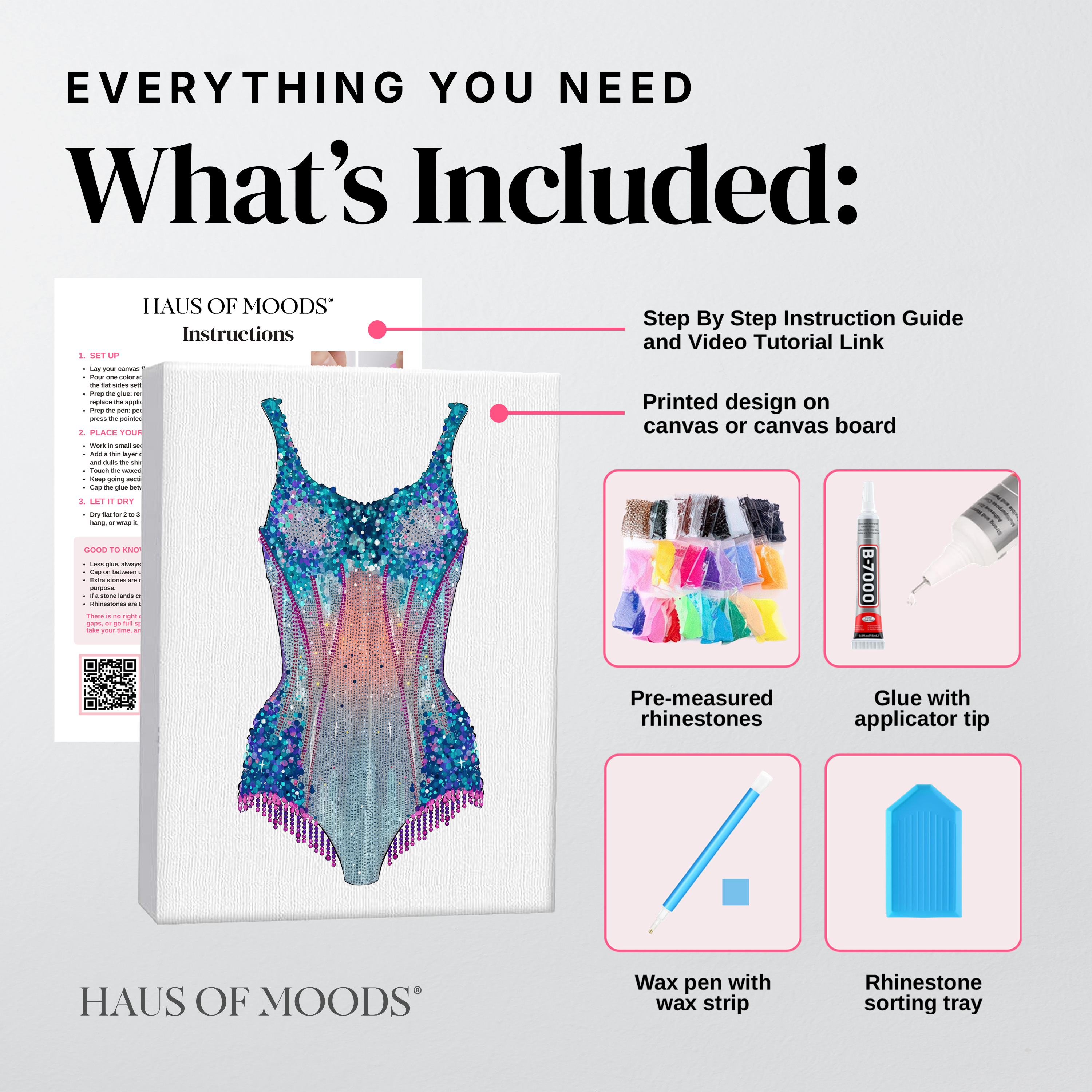 Everything included in the Lover pink and blue bodysuit DIY bedazzle kit: printed canvas, pre-sorted rhinestones, B-7000 glue, wax pen and sorting tray