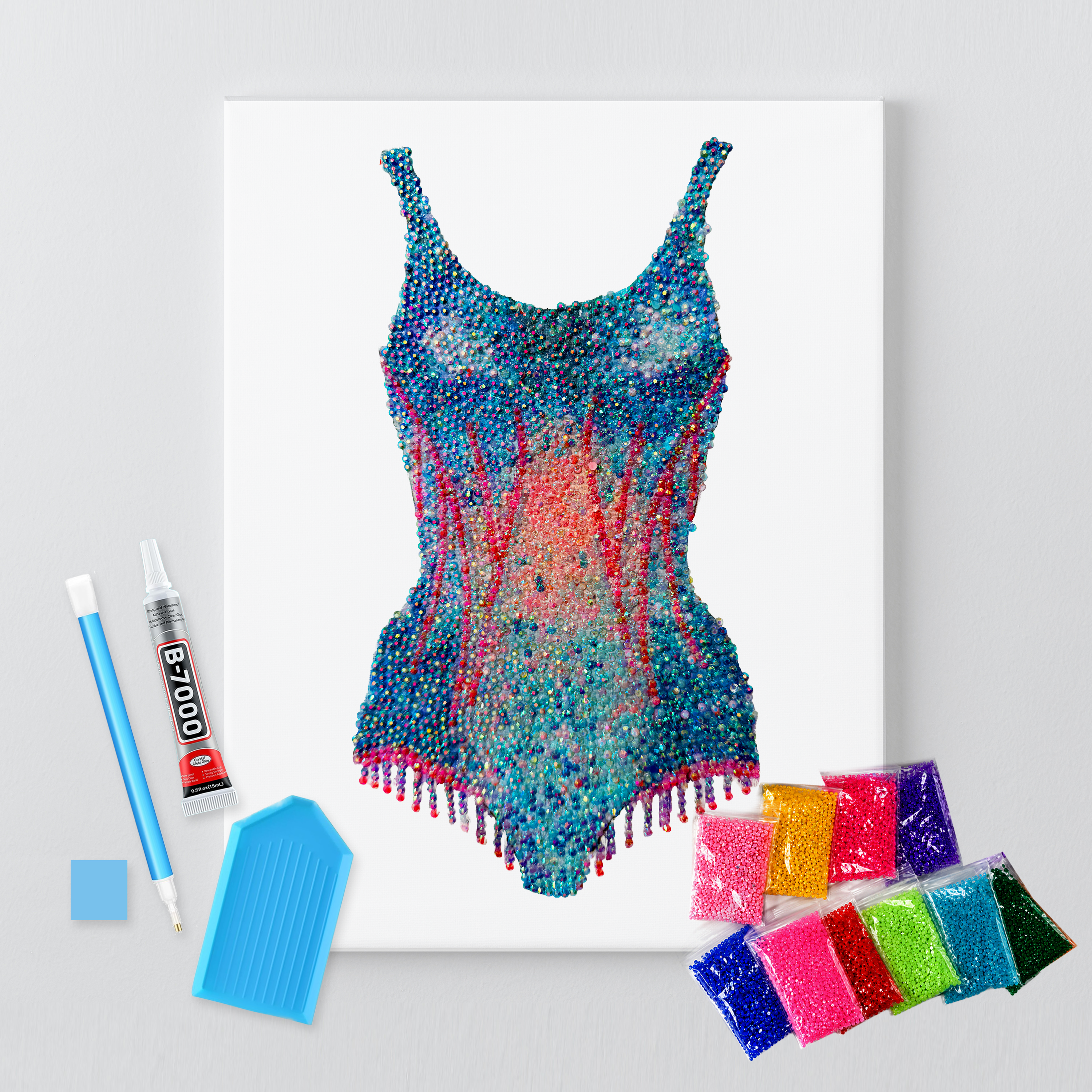 Lover pink and blue bodysuit DIY rhinestone canvas kit, finished cobalt and coral design
