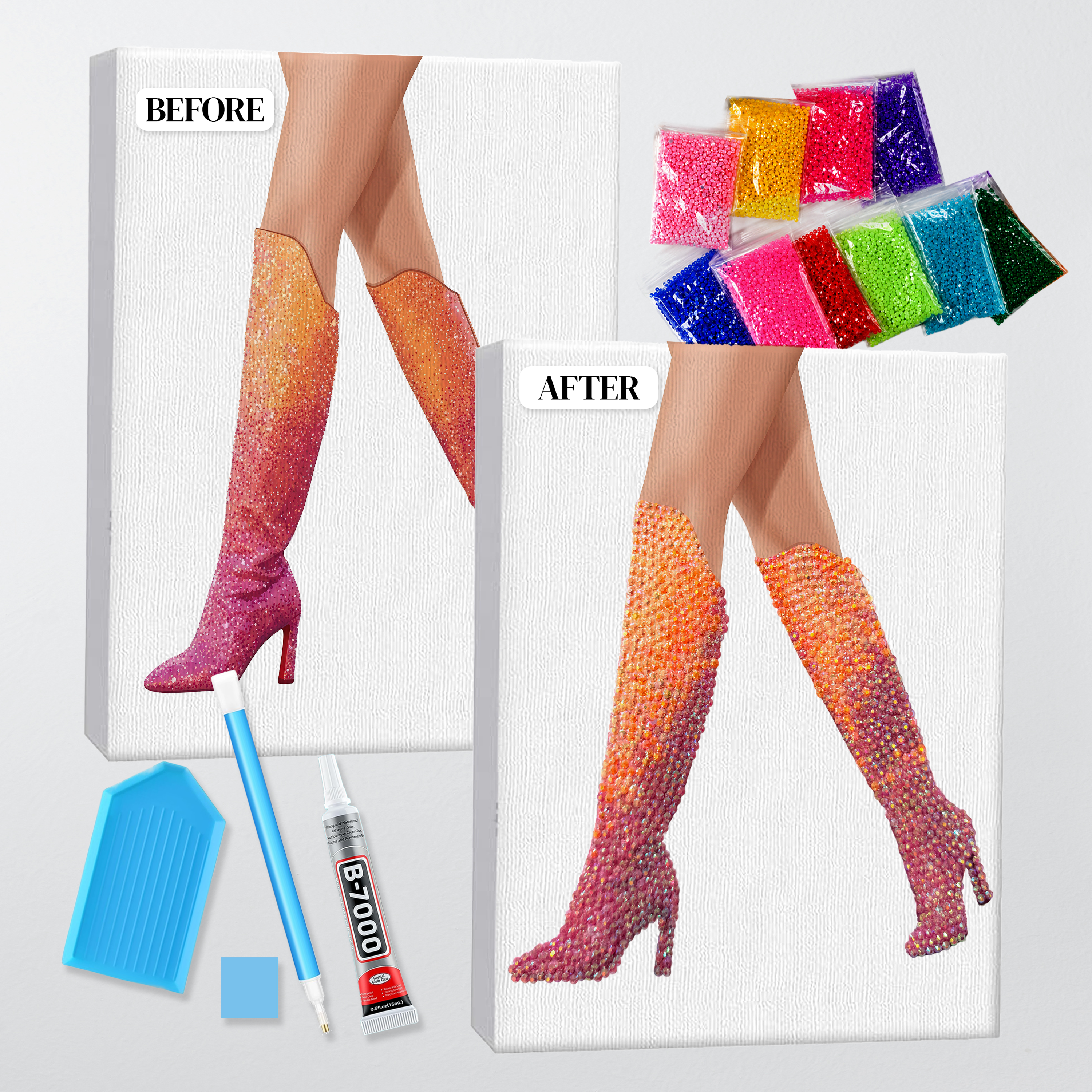 Before and after of the Lover orange and pink boots bedazzle kit, printed canvas beside the finished rhinestone piece