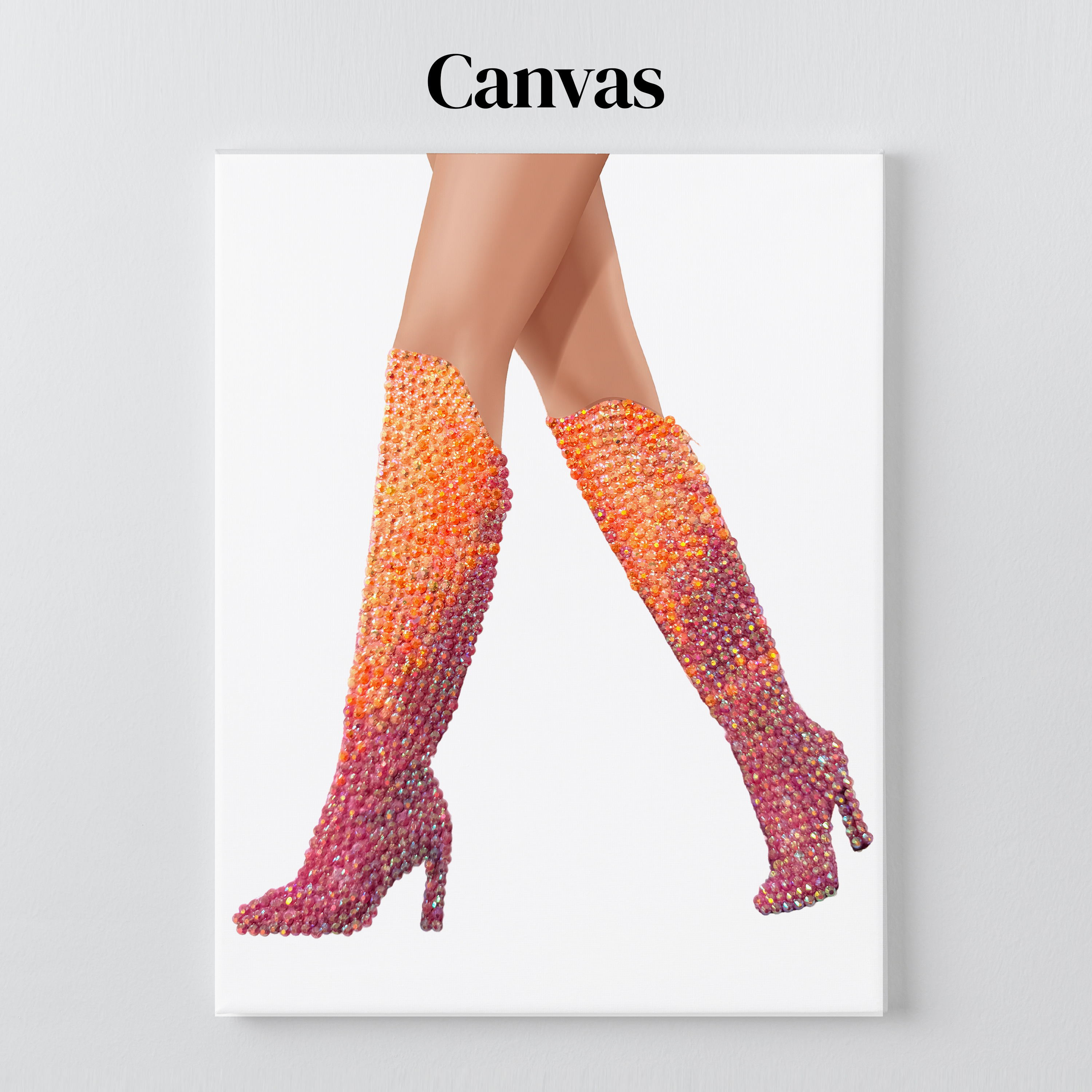 Lover orange and pink boots rhinestone art on a stretched canvas with a 5/8 inch pine frame