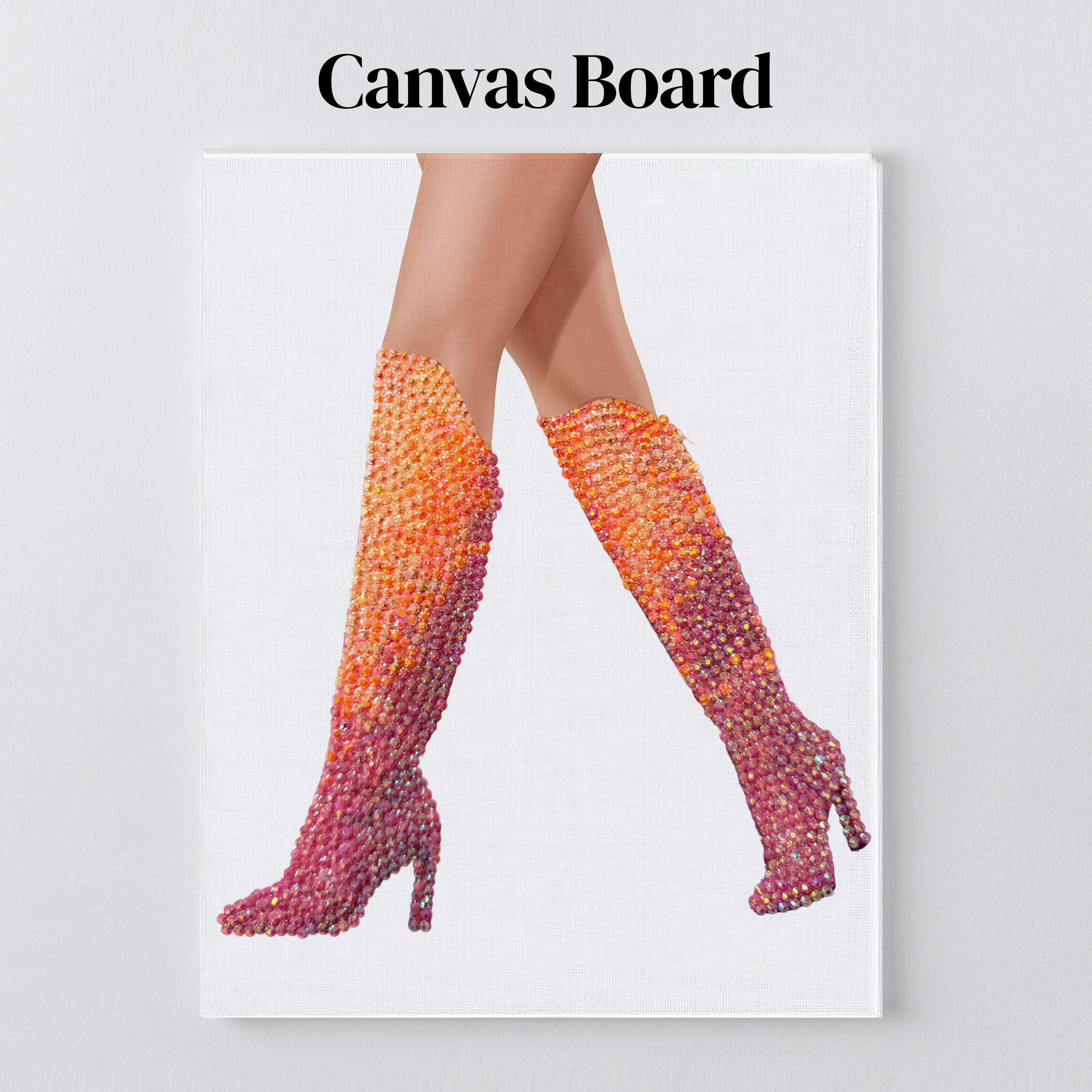 Lover orange and pink boots rhinestone art on a flat canvas board, ready to frame