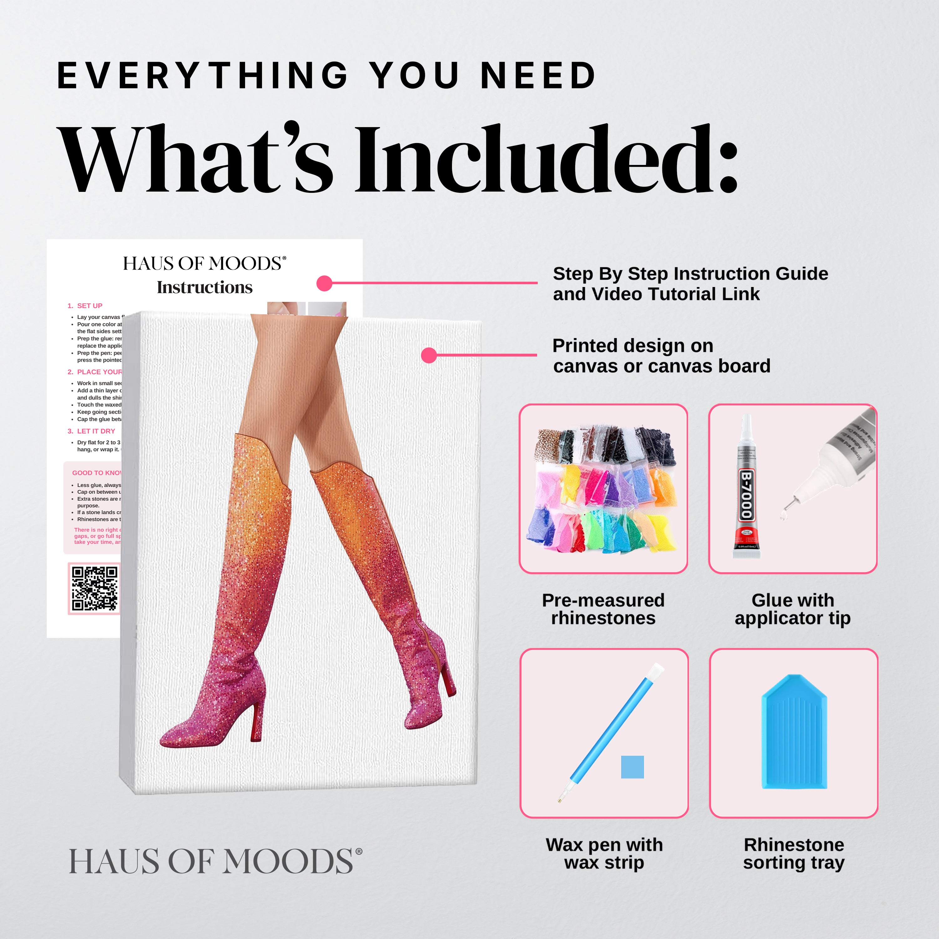 Everything included in the Lover orange and pink boots DIY bedazzle kit: printed canvas, pre-sorted rhinestones, B-7000 glue, wax pen and sorting tray
