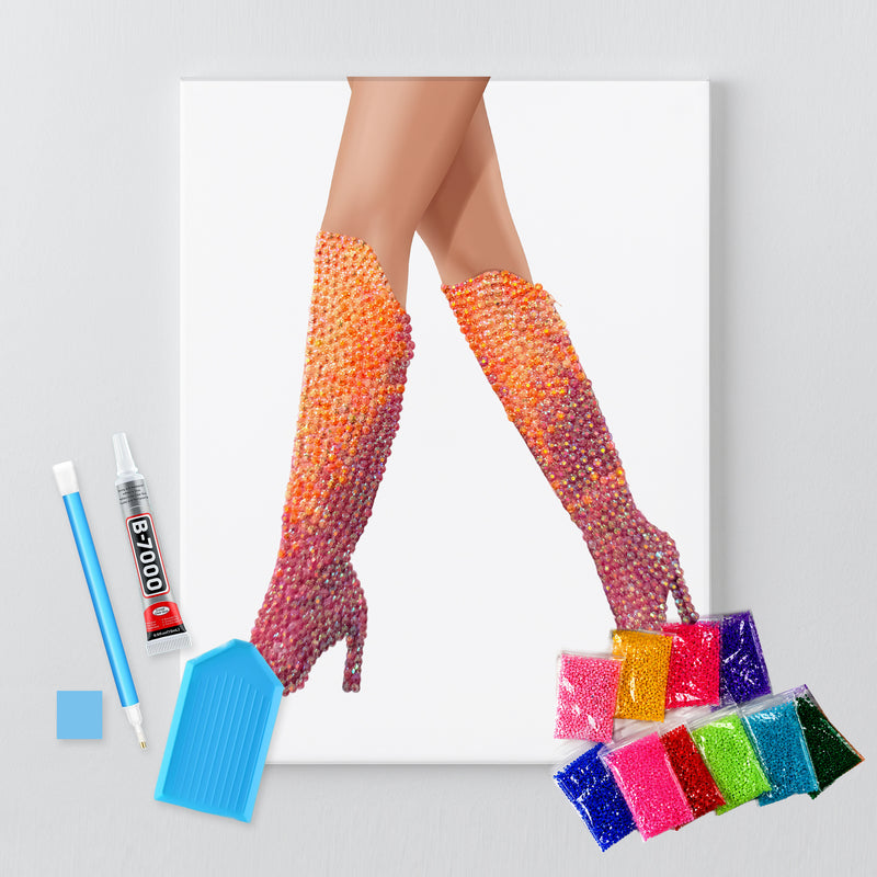 Lover orange and pink boots DIY rhinestone canvas kit, finished sunset ombre design