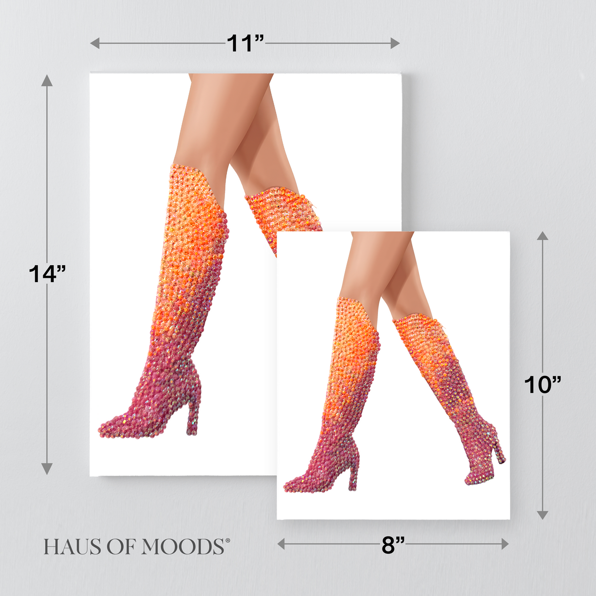 Lover orange and pink boots bedazzle canvas kit size comparison, 8x10 and 11x14