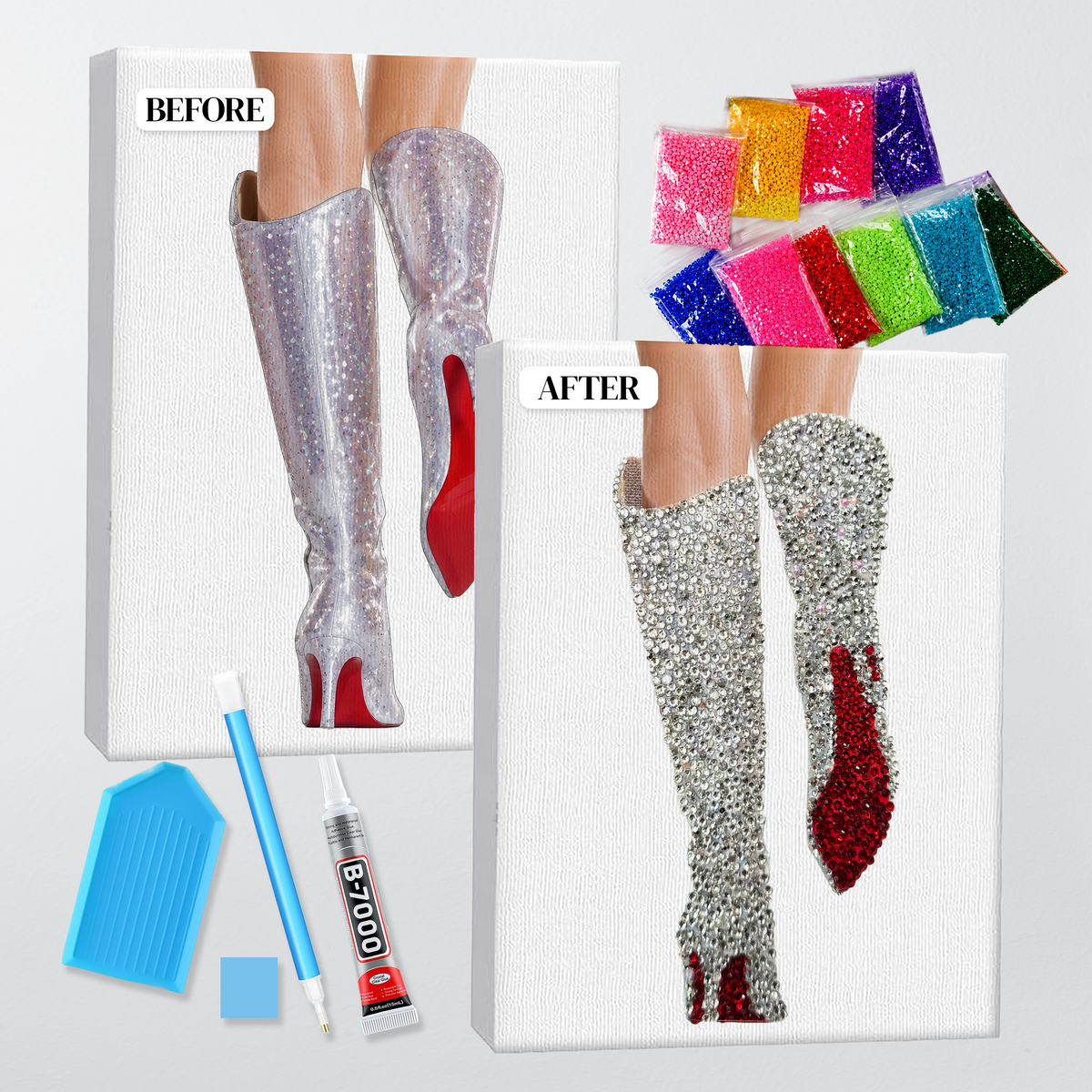 Before and after of the Lover silver boots bedazzle kit, printed canvas beside the finished rhinestone piece