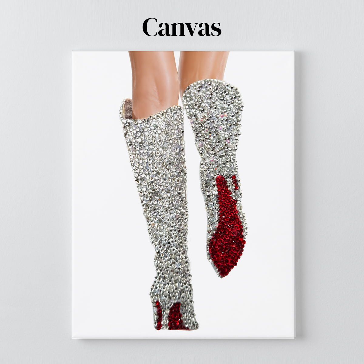 Lover silver boots rhinestone art on a stretched canvas with a 5/8 inch pine frame