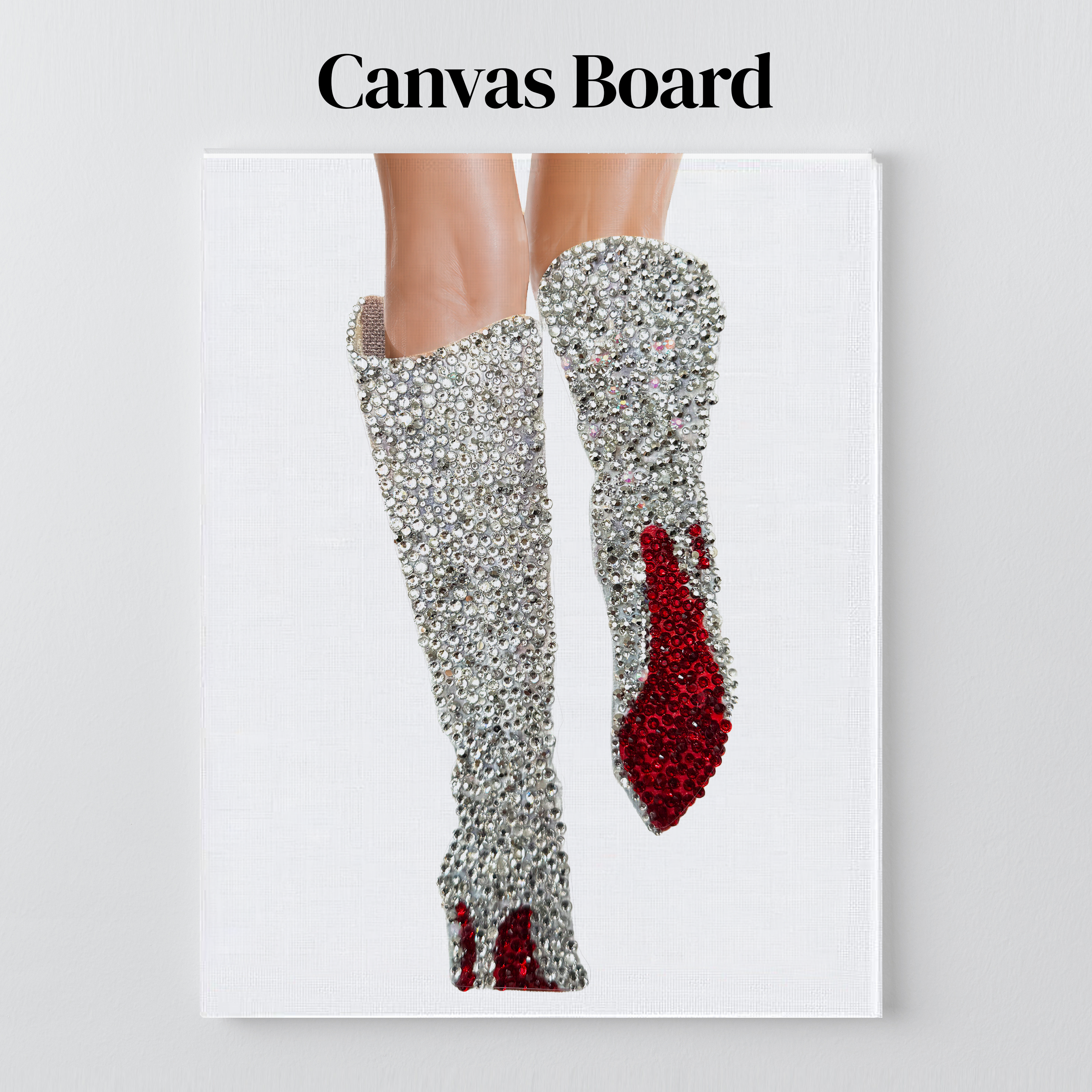 Lover silver boots rhinestone art on a flat canvas board, ready to frame