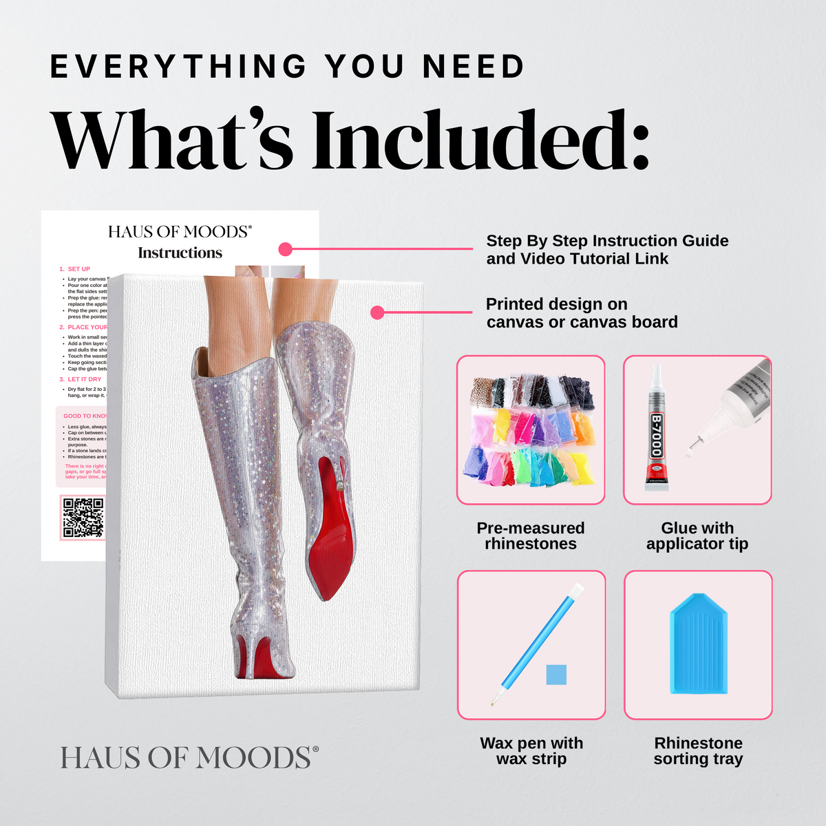 Everything included in the Lover silver boots DIY bedazzle kit: printed canvas, pre-sorted rhinestones, B-7000 glue, wax pen and sorting tray