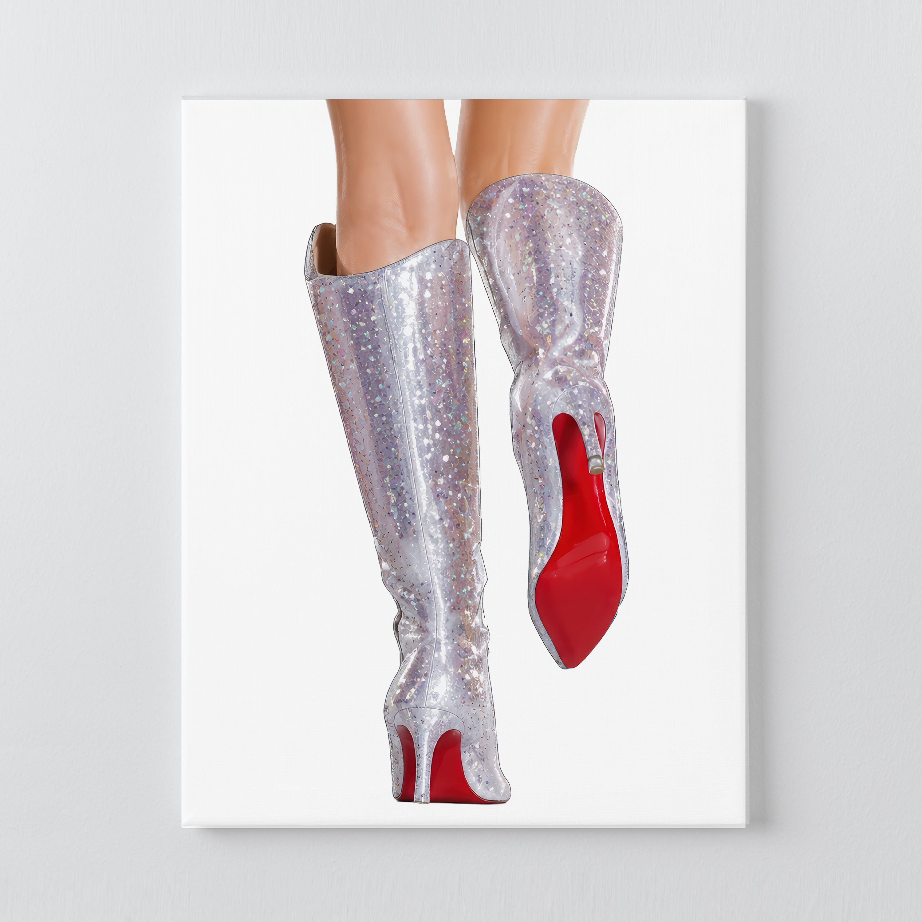 Lover silver boots DIY rhinestone canvas kit, finished crystal design with red soles