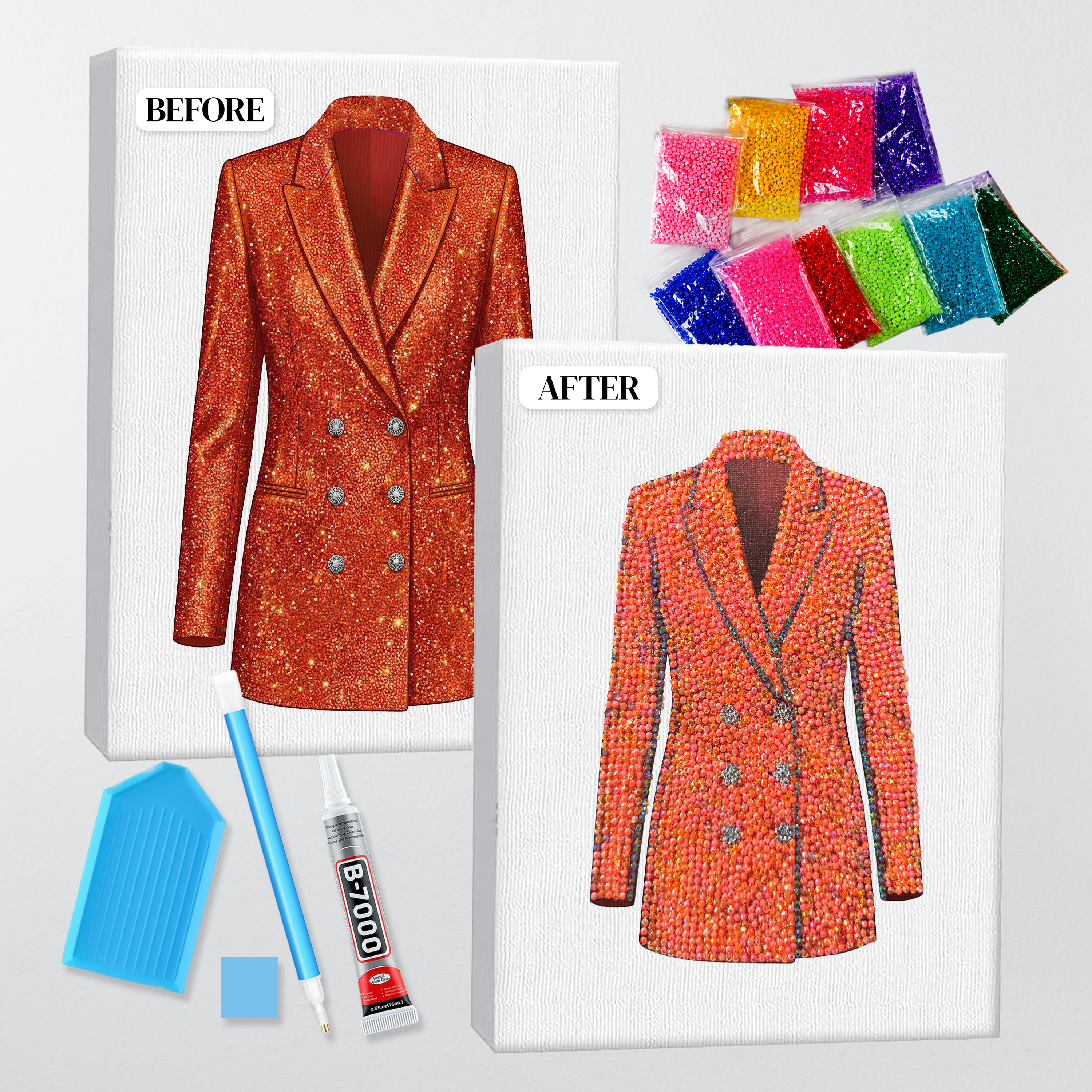 Before and after of the Lover orange blazer bedazzle kit, printed canvas beside the finished rhinestone piece