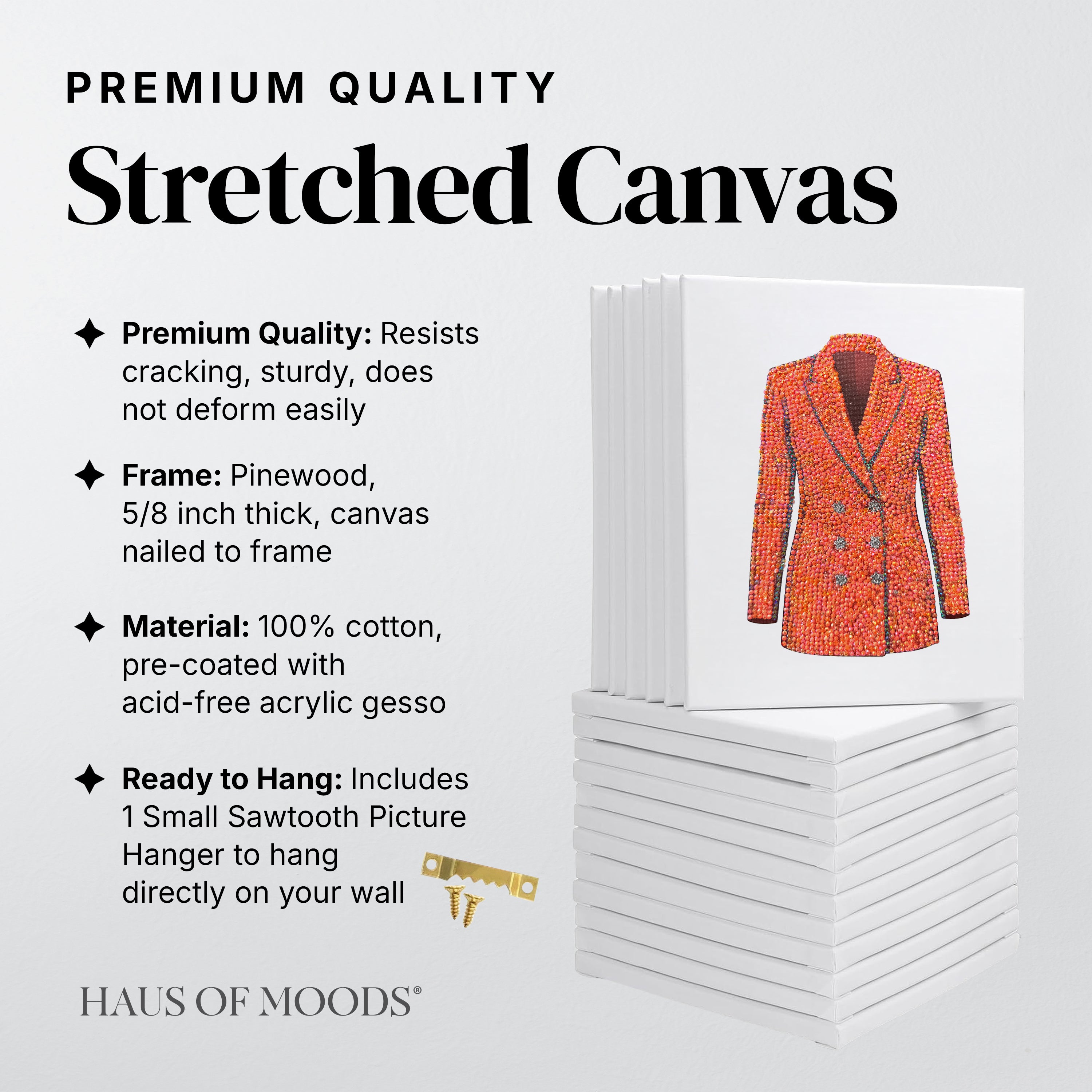 Lover orange blazer stretched canvas rhinestone kit, angled view