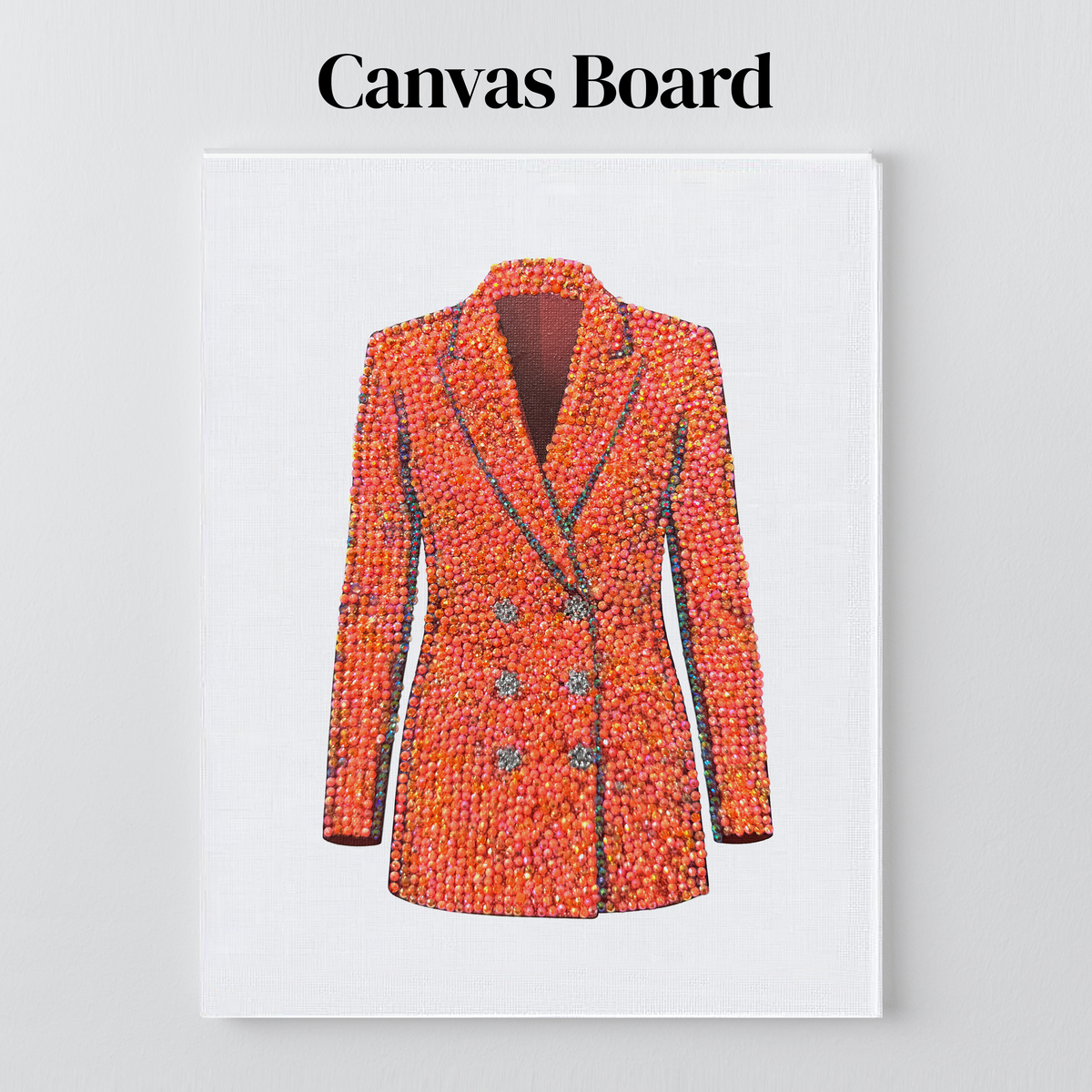 Lover orange blazer rhinestone art on a flat canvas board, ready to frame