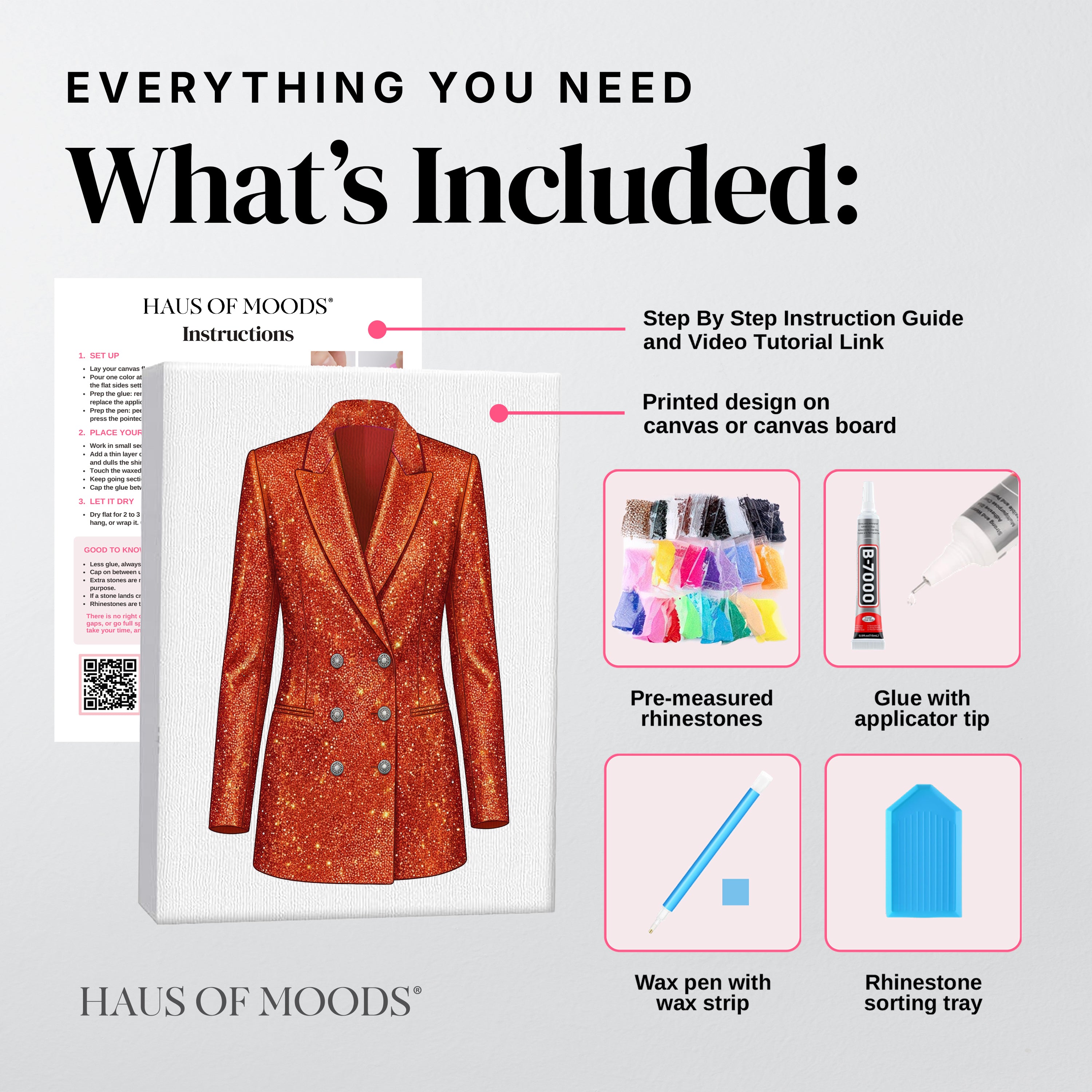 Everything included in the Lover orange blazer DIY bedazzle kit: printed canvas, pre-sorted rhinestones, B-7000 glue, wax pen and sorting tray