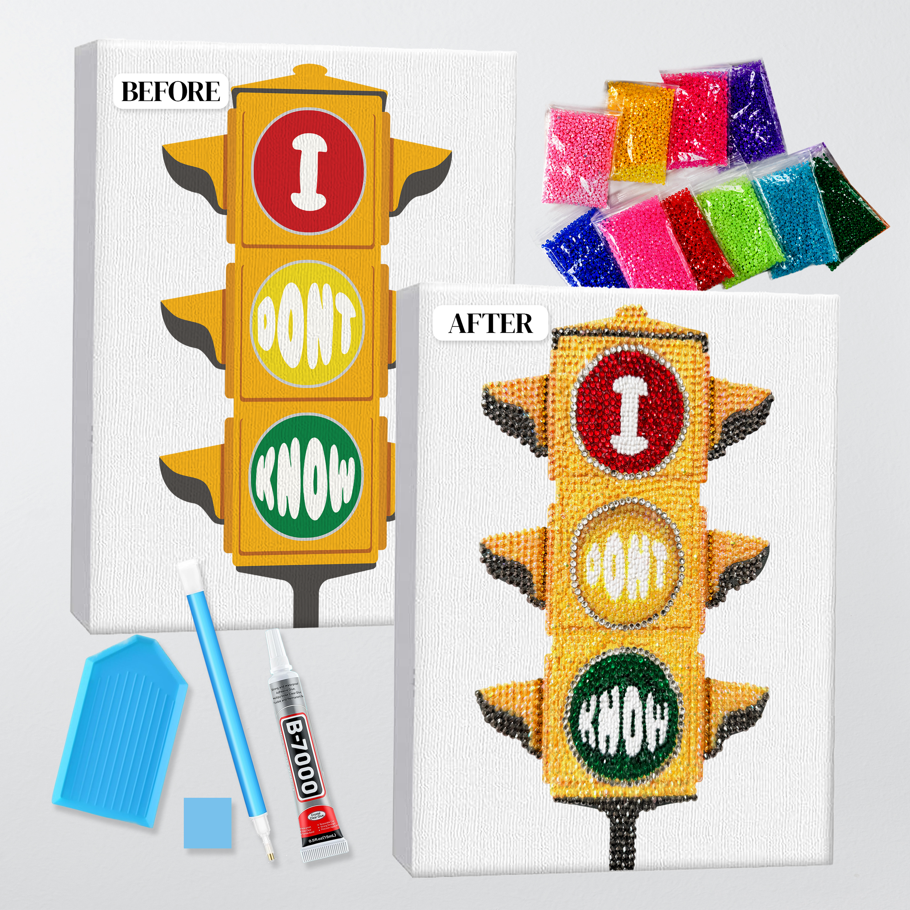 Before and after of the traffic light bedazzle kit, printed canvas beside the finished rhinestone piece