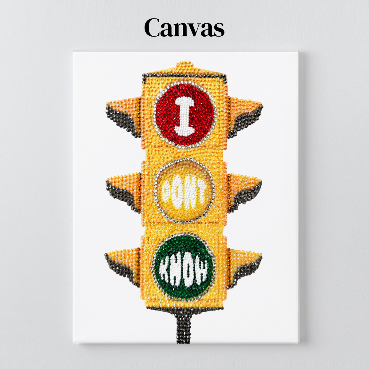 Traffic light rhinestone art on a stretched canvas with a 5/8 inch pine frame