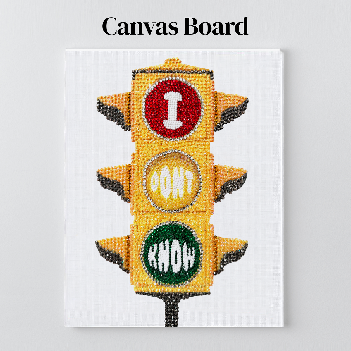 Traffic light rhinestone art on a flat canvas board, ready to frame