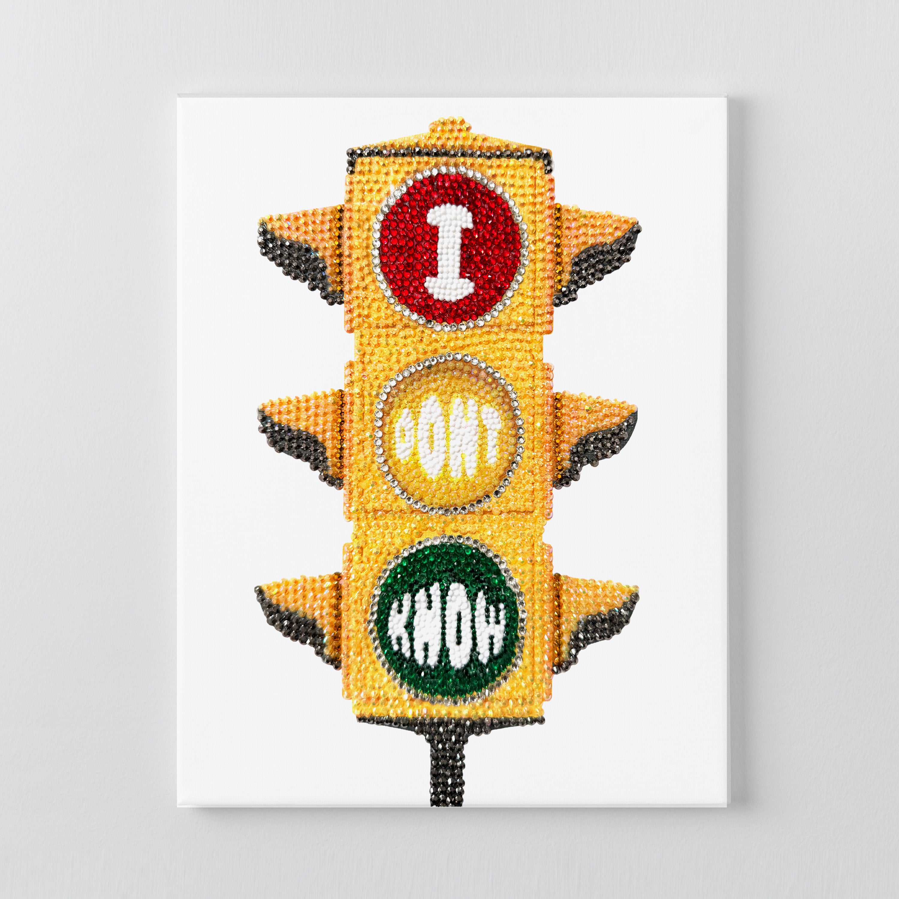 Traffic light DIY rhinestone canvas kit, finished yellow, red and green design