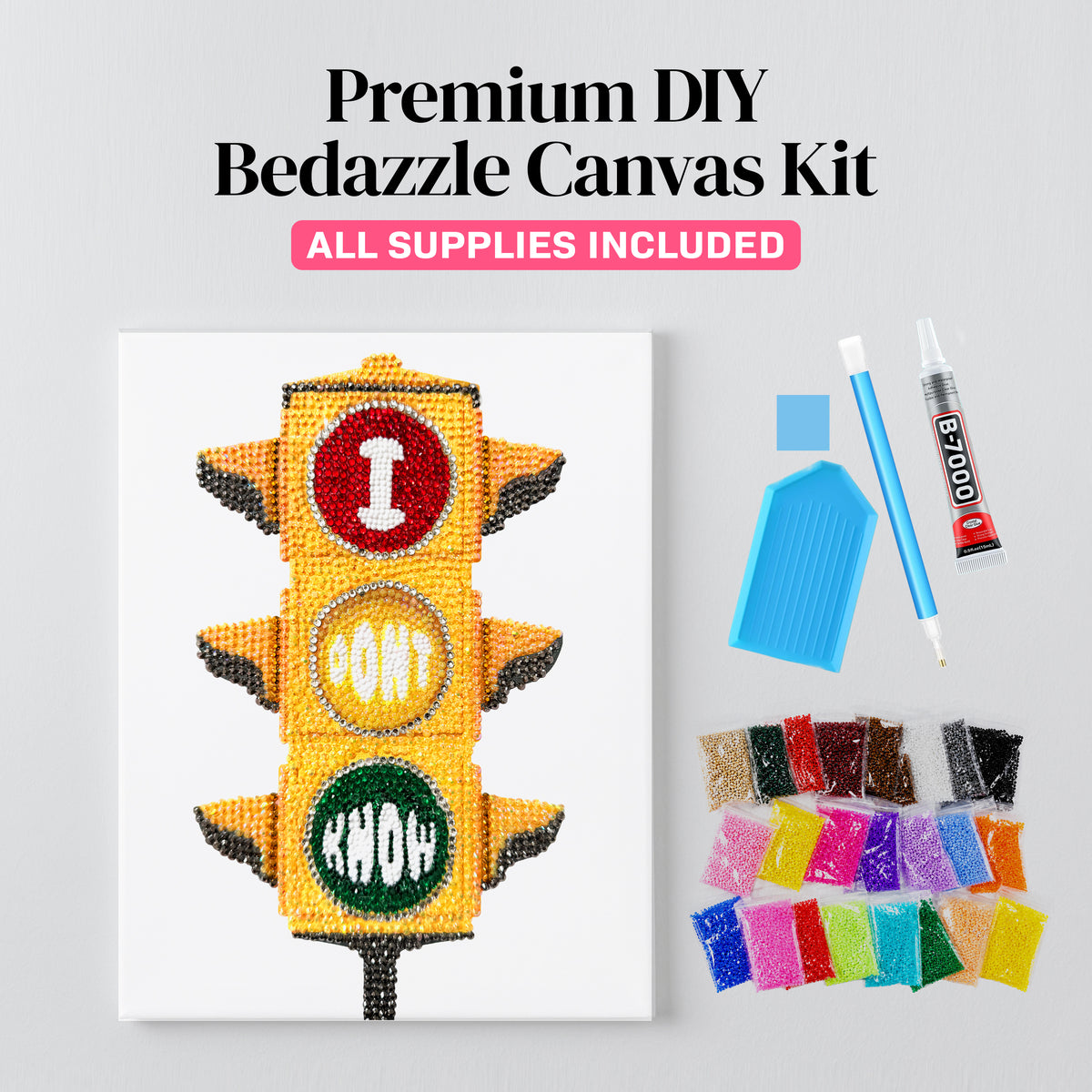 Traffic light rhinestone canvas kit styled on a wall