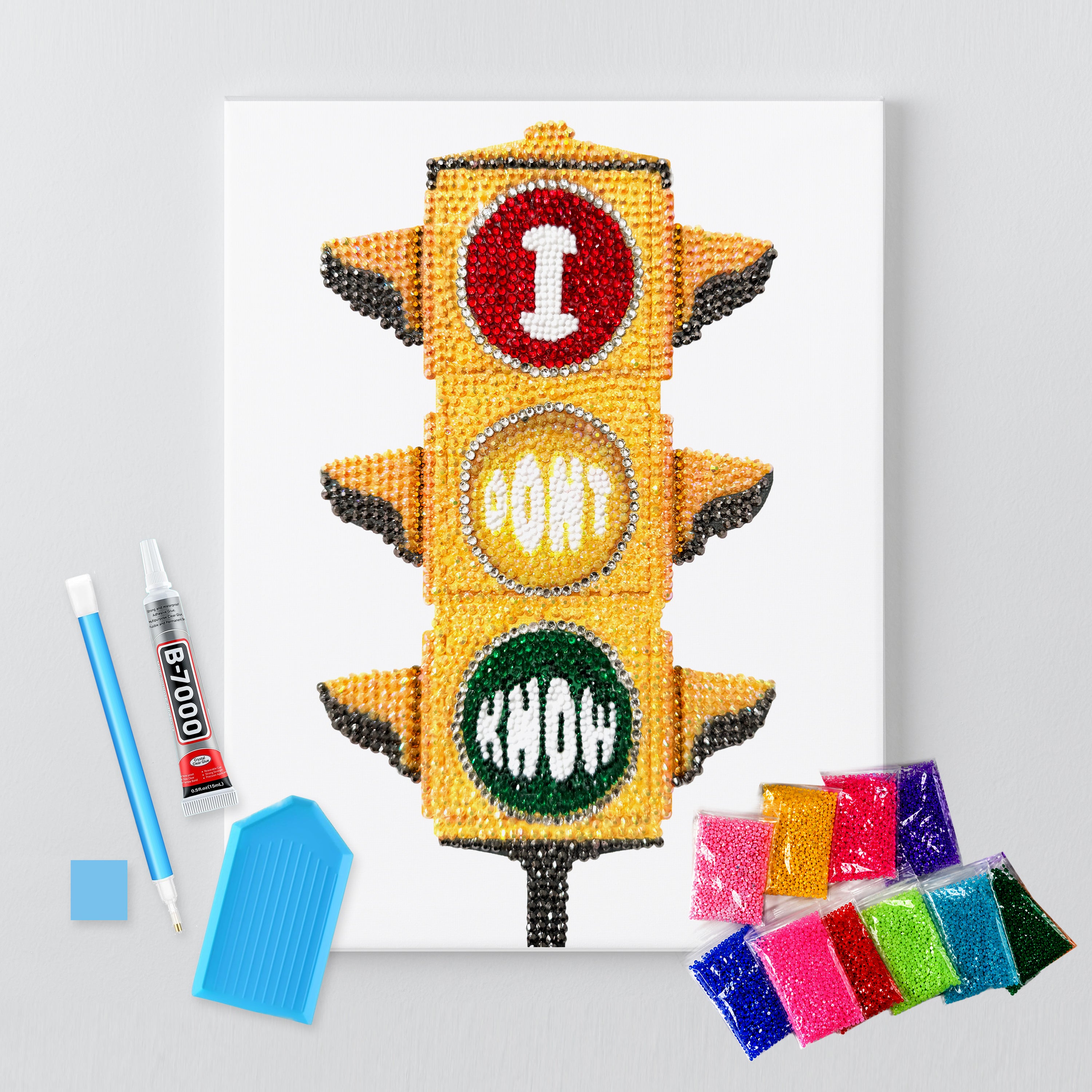 Traffic light rhinestone canvas kit shown in a styled room