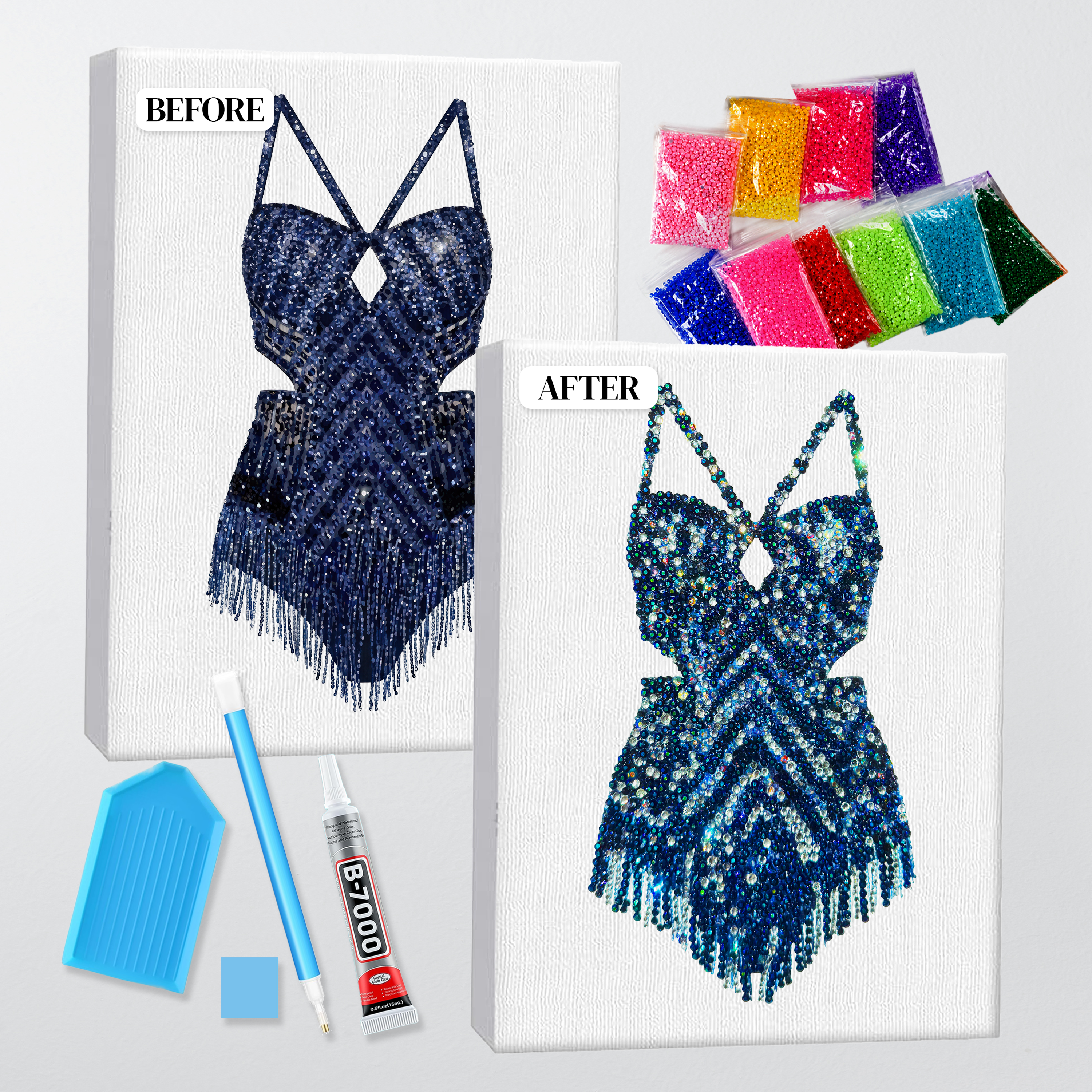 Before and after of the Midnights chevron bodysuit bedazzle kit, printed canvas beside the finished rhinestone piece