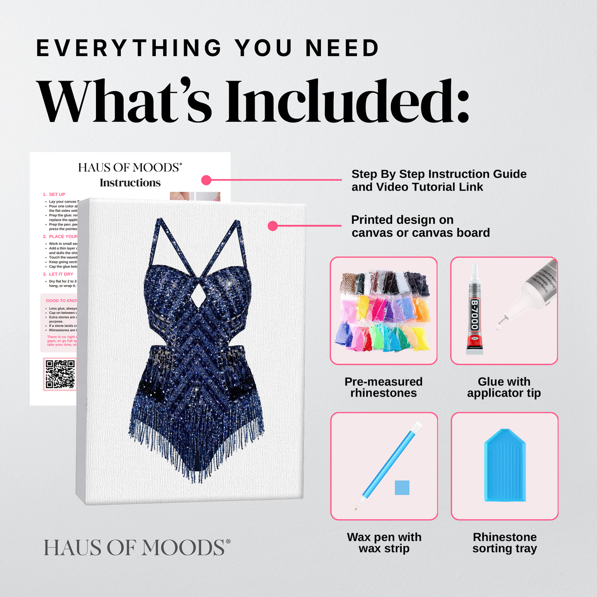Everything included in the Midnights chevron bodysuit DIY bedazzle kit: printed canvas, pre-sorted rhinestones, B-7000 glue, wax pen and sorting tray