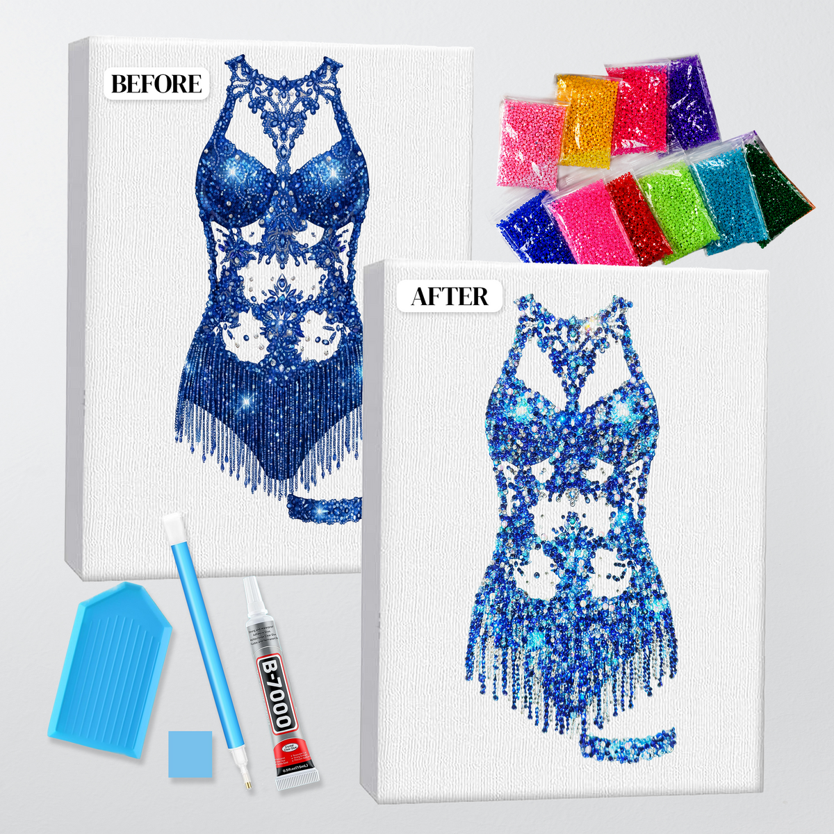 Before and after of the Midnights cutout bodysuit bedazzle kit, printed canvas beside the finished piece with glue, wax pen and sorted stones