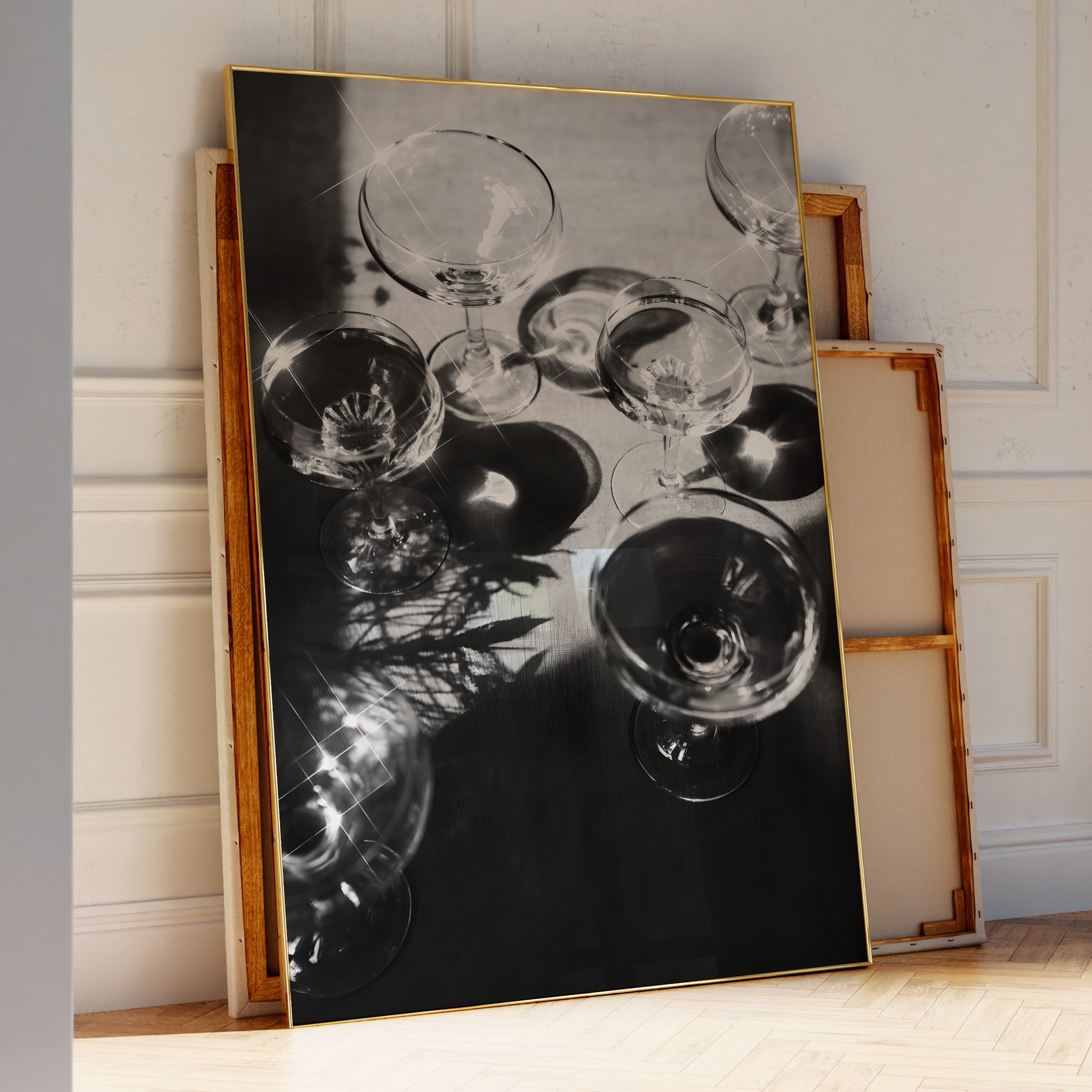 Music-inspired champagne glasses art print on bar cart