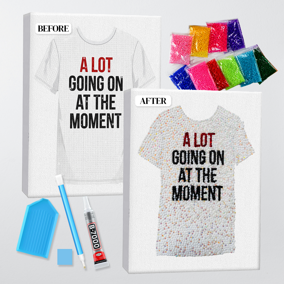 Before and after of the Red era slogan tee bedazzle kit, printed canvas beside the finished rhinestone piece