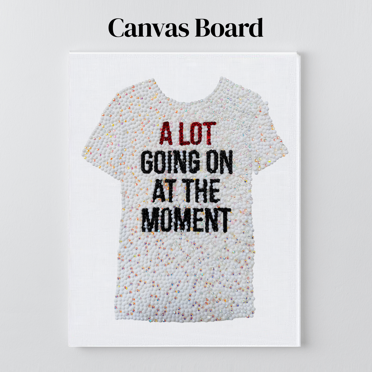 Red era slogan tee rhinestone art on a flat canvas board, ready to frame