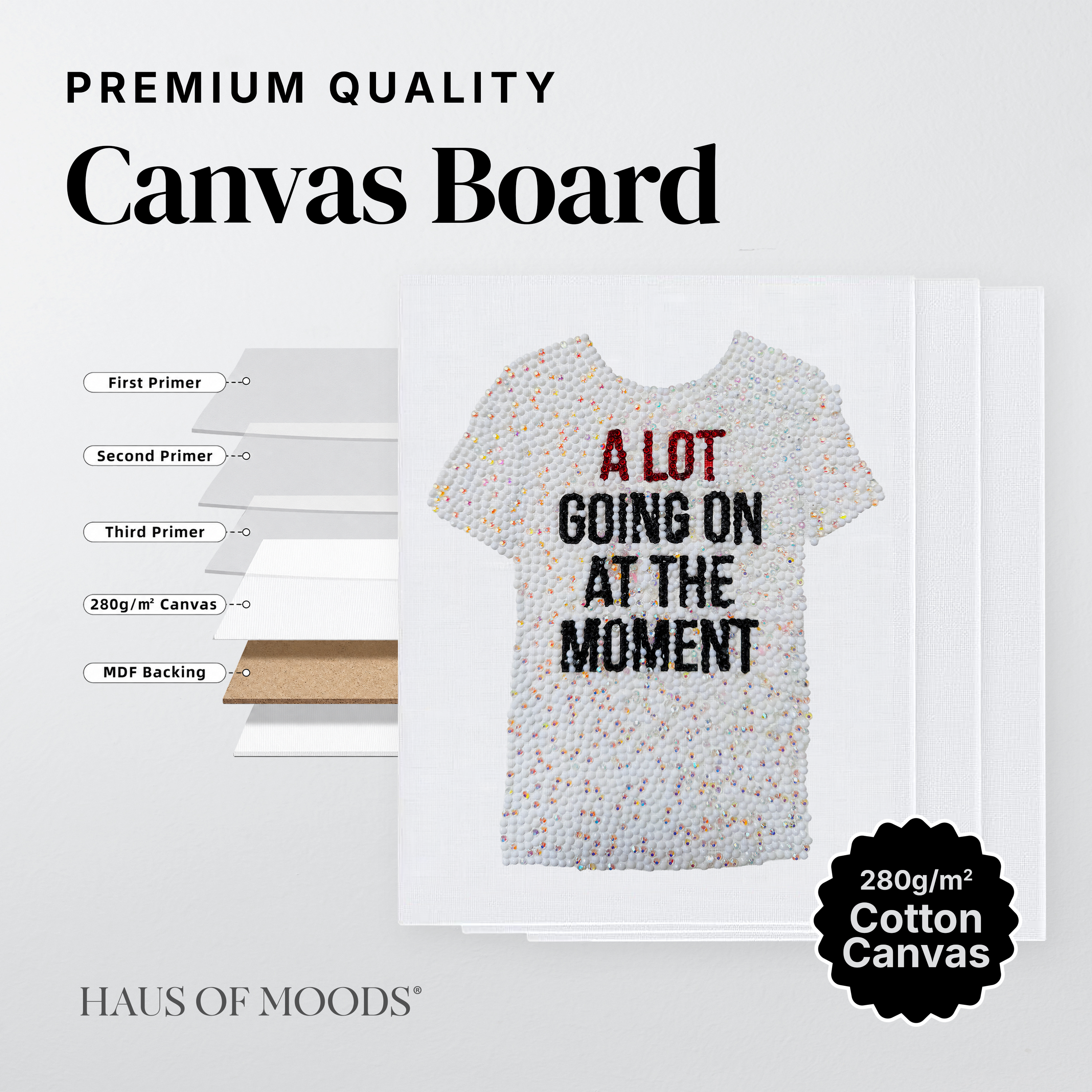 Red era slogan tee canvas board rhinestone kit, close detail