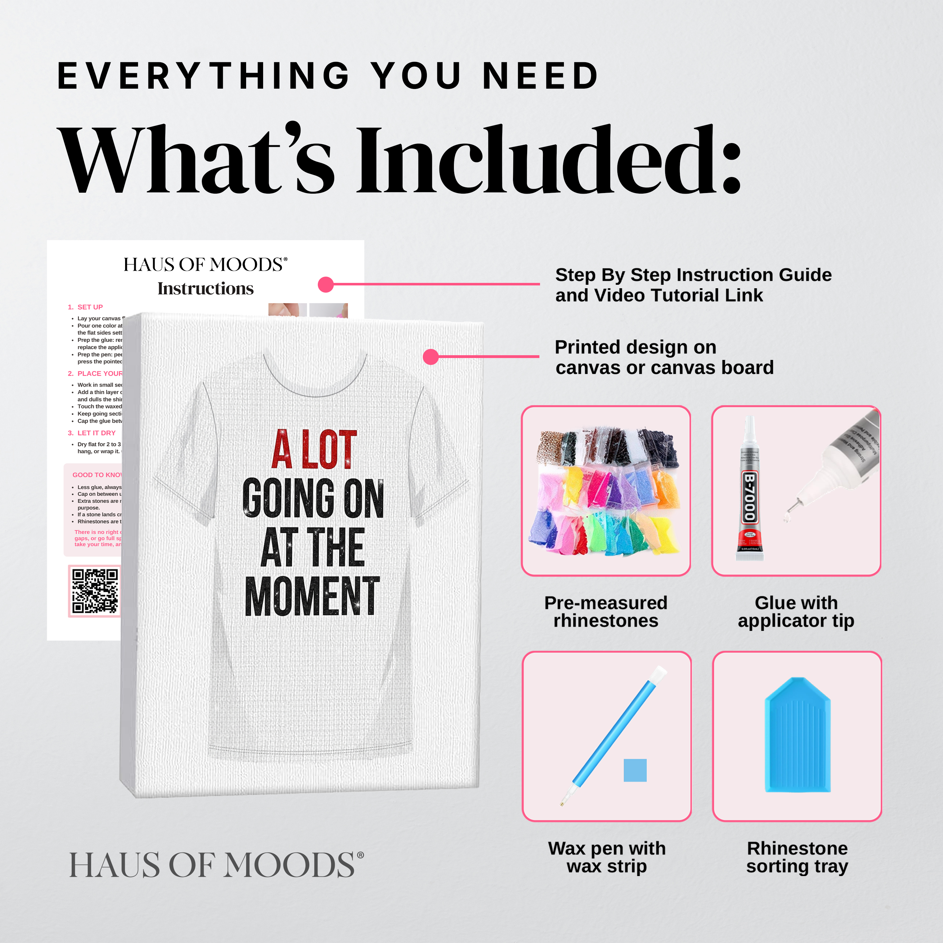 Everything included in the Red era slogan tee DIY bedazzle kit: printed canvas, pre-sorted rhinestones, B-7000 glue, wax pen and sorting tray