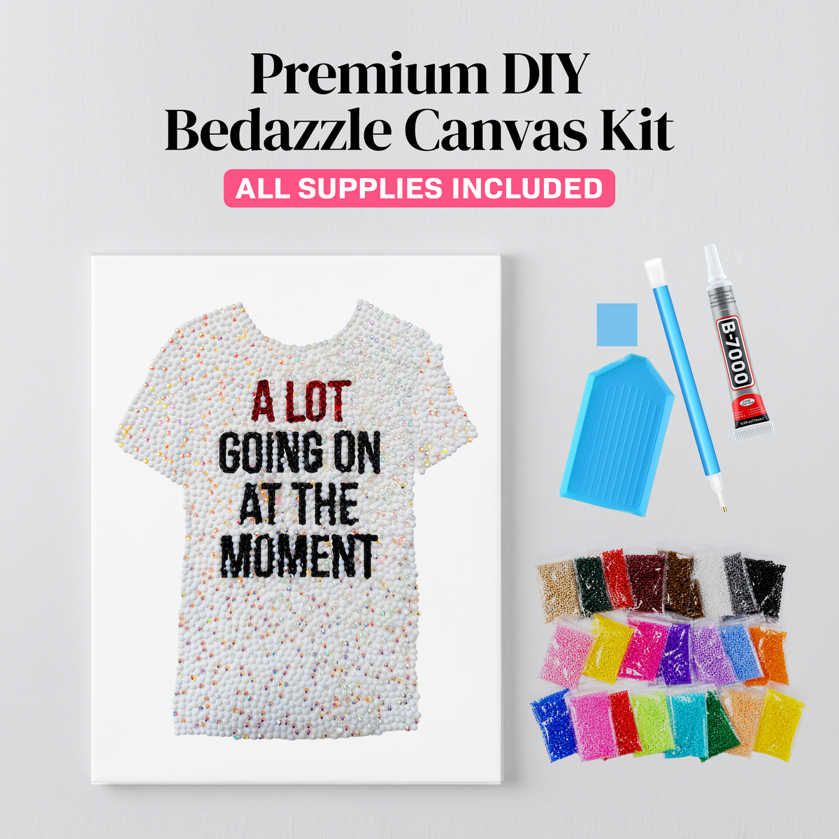 Red era slogan tee rhinestone canvas kit styled on a wall